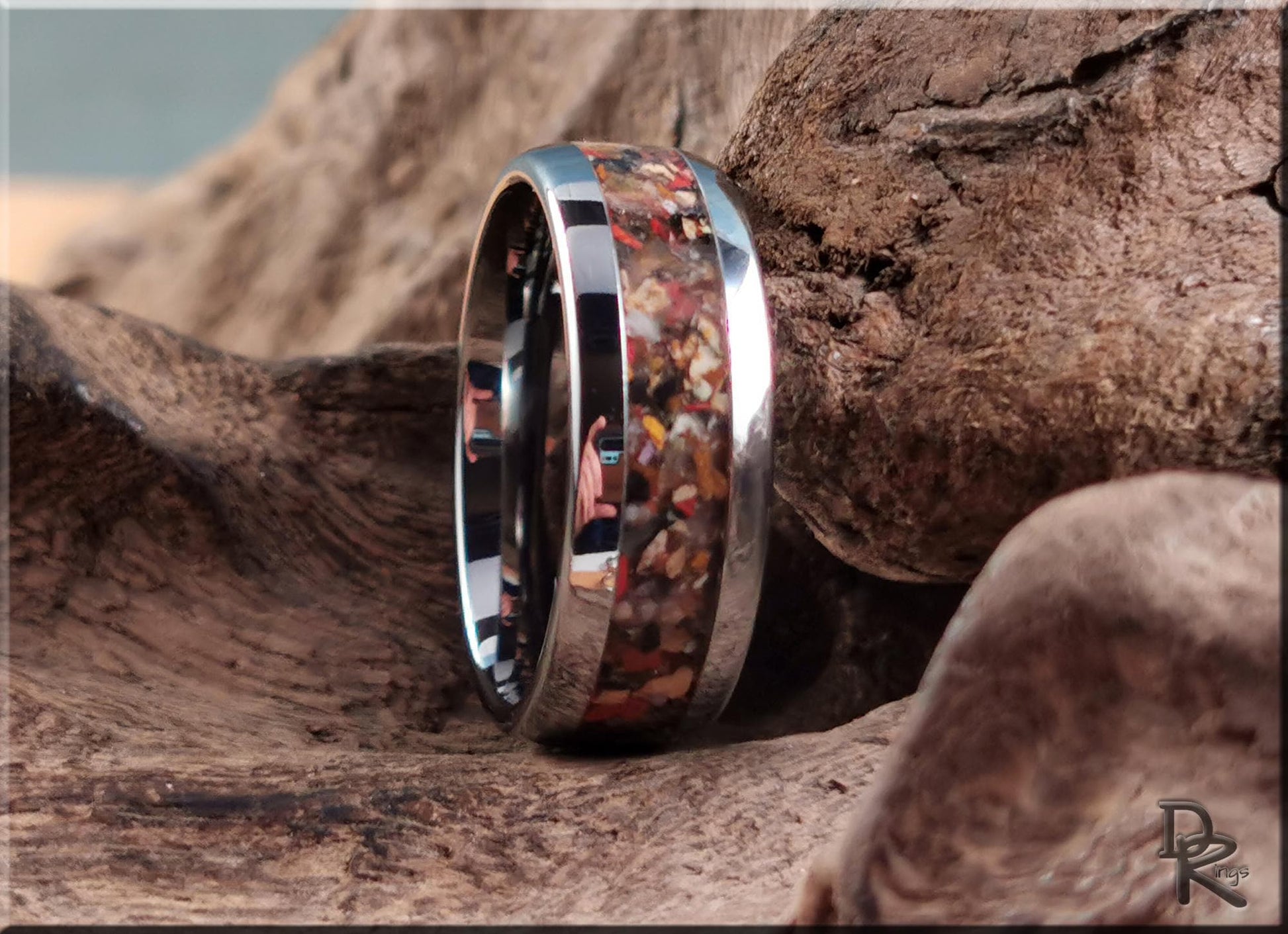 Domed Edge Tungsten Carbide Channel Ring w/African Rainbow stone inlay - metal ring