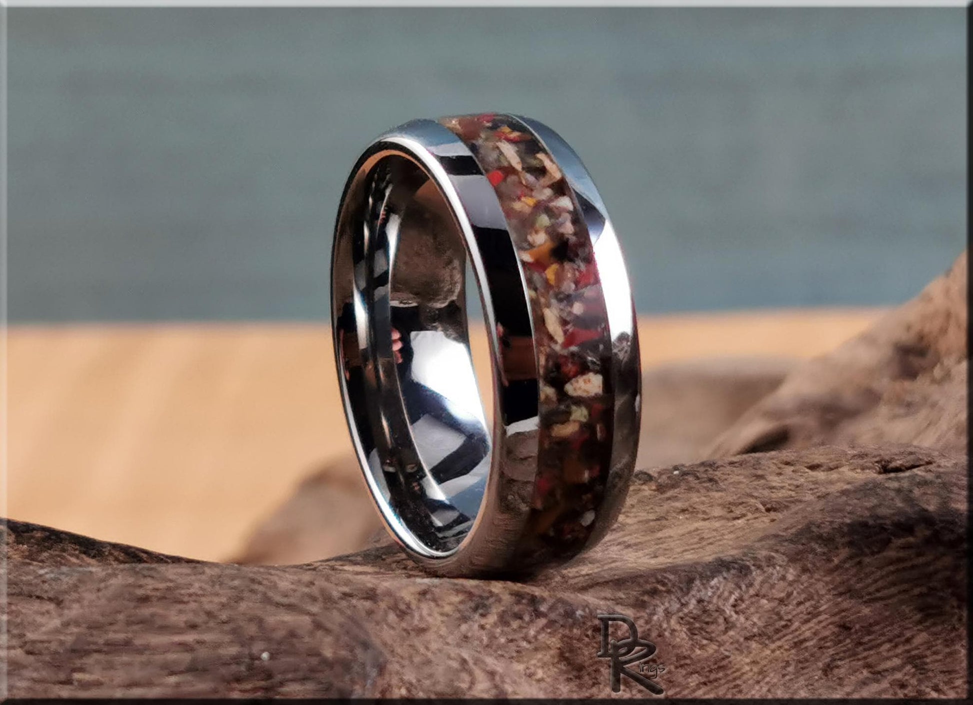 Domed Edge Tungsten Carbide Channel Ring w/African Rainbow stone inlay - metal ring