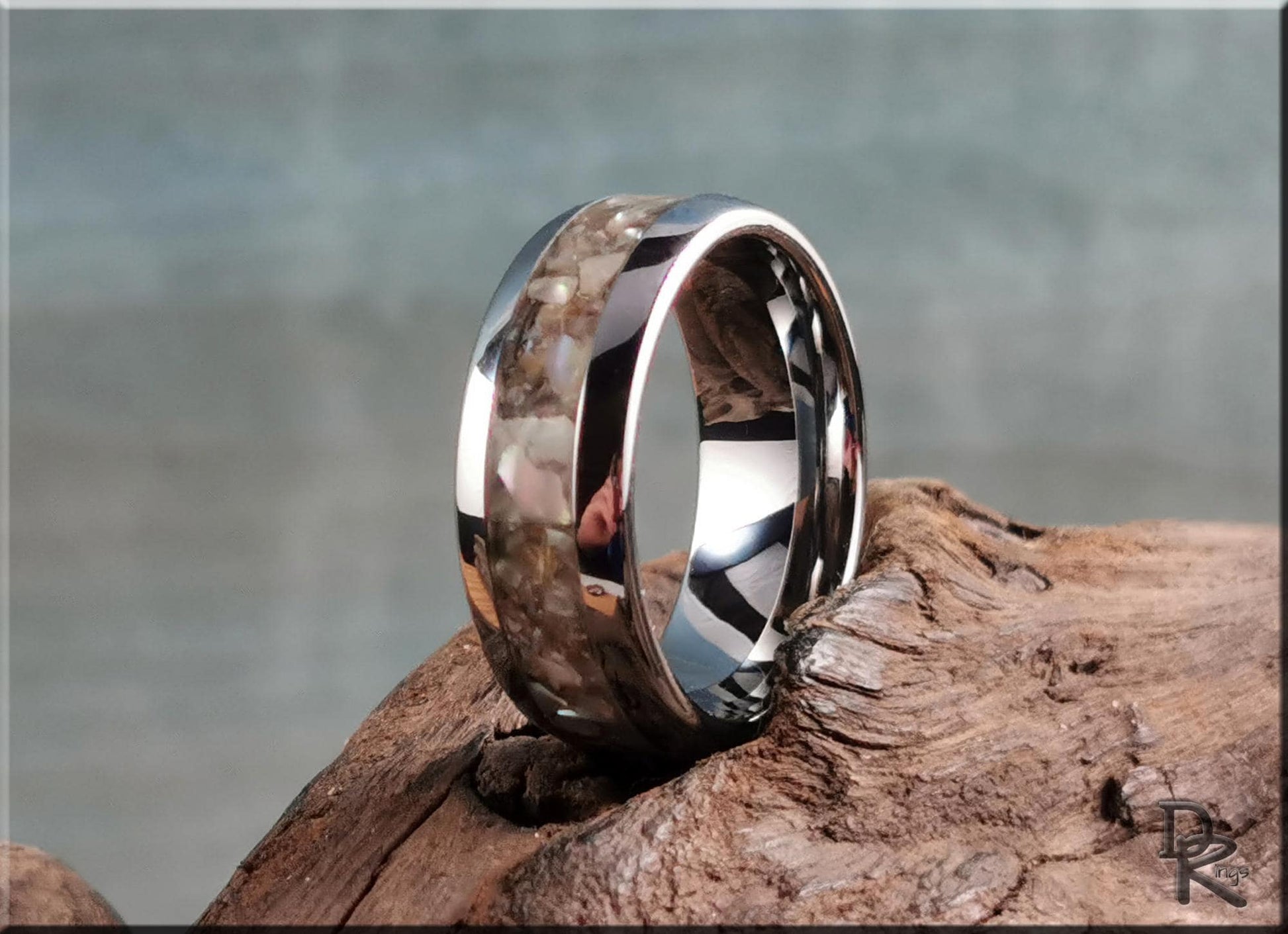 Domed Edge Tungsten Carbide Channel Ring w/Silver Abalone inlay - metal ring