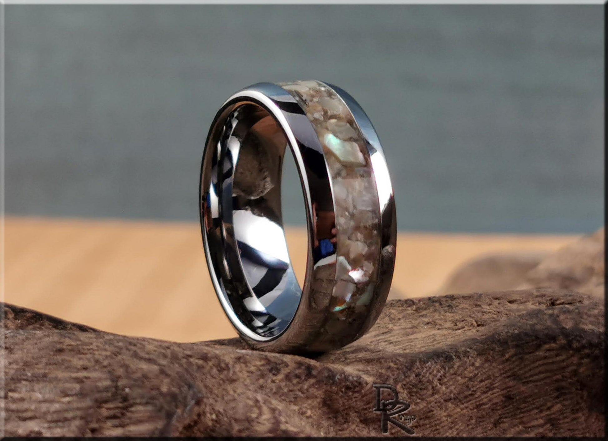 Domed Edge Tungsten Carbide Channel Ring w/Silver Abalone inlay - metal ring