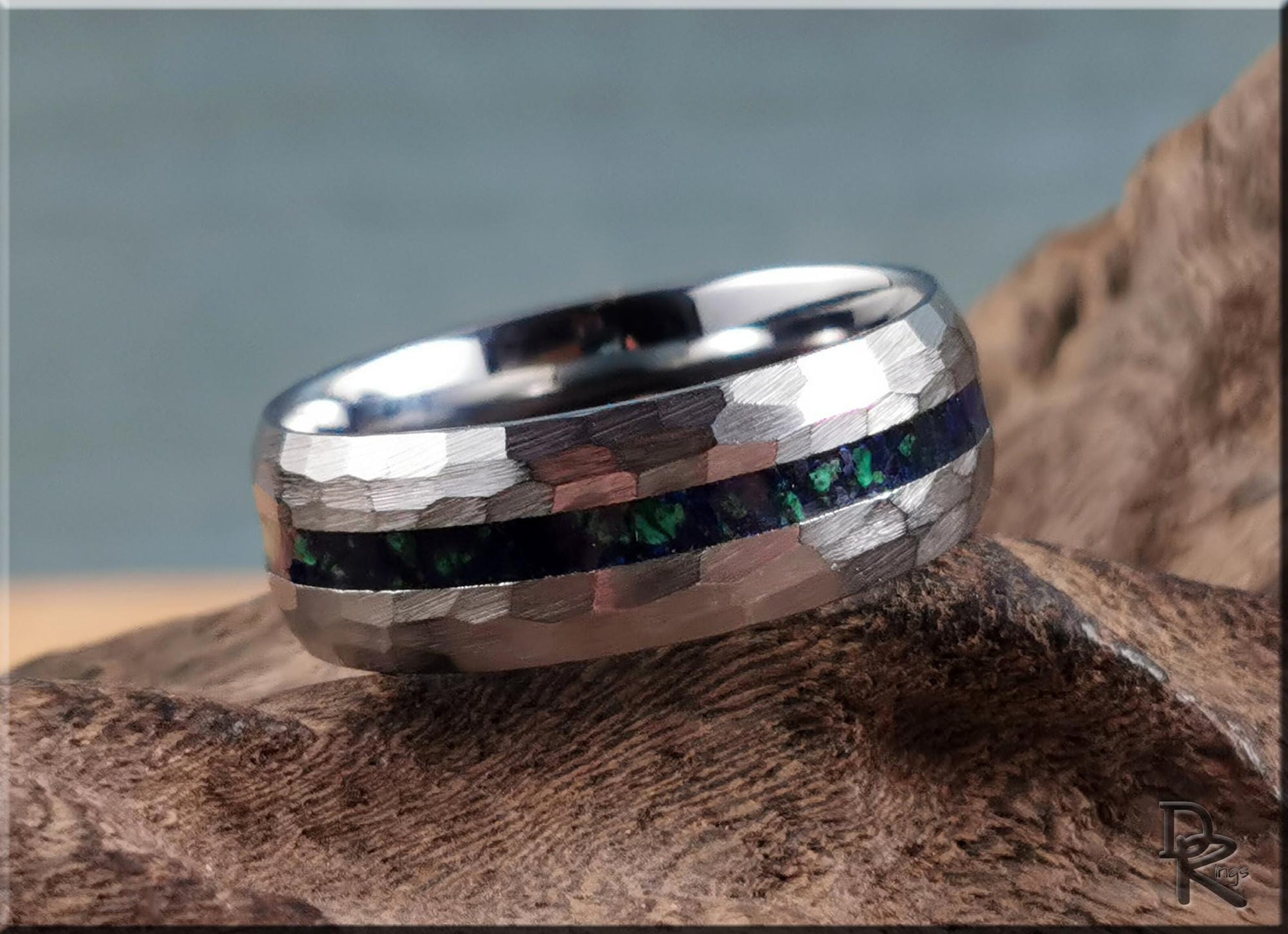 Hammered Tungsten Carbide Channel Ring w/Azurite-Malachite inlay - metal ring