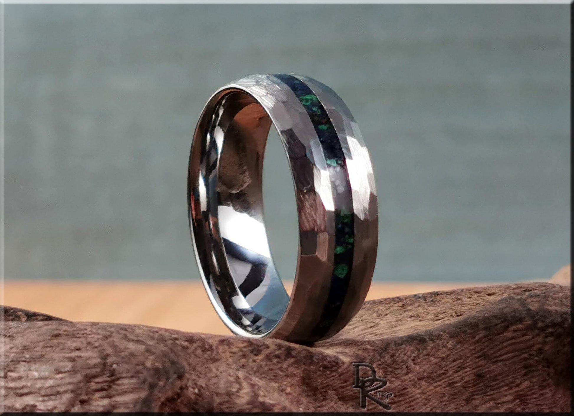 Hammered Tungsten Carbide Channel Ring w/Azurite-Malachite inlay - metal ring