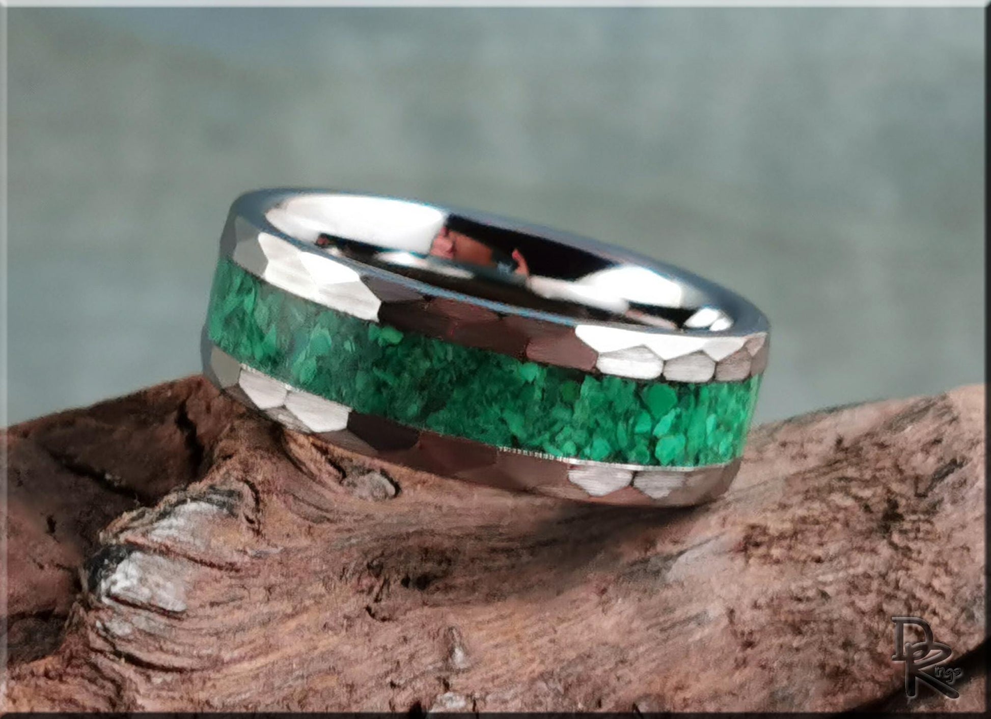 Hammered Tungsten Carbide Channel Ring w/Green Malachiteinlay - metal ring