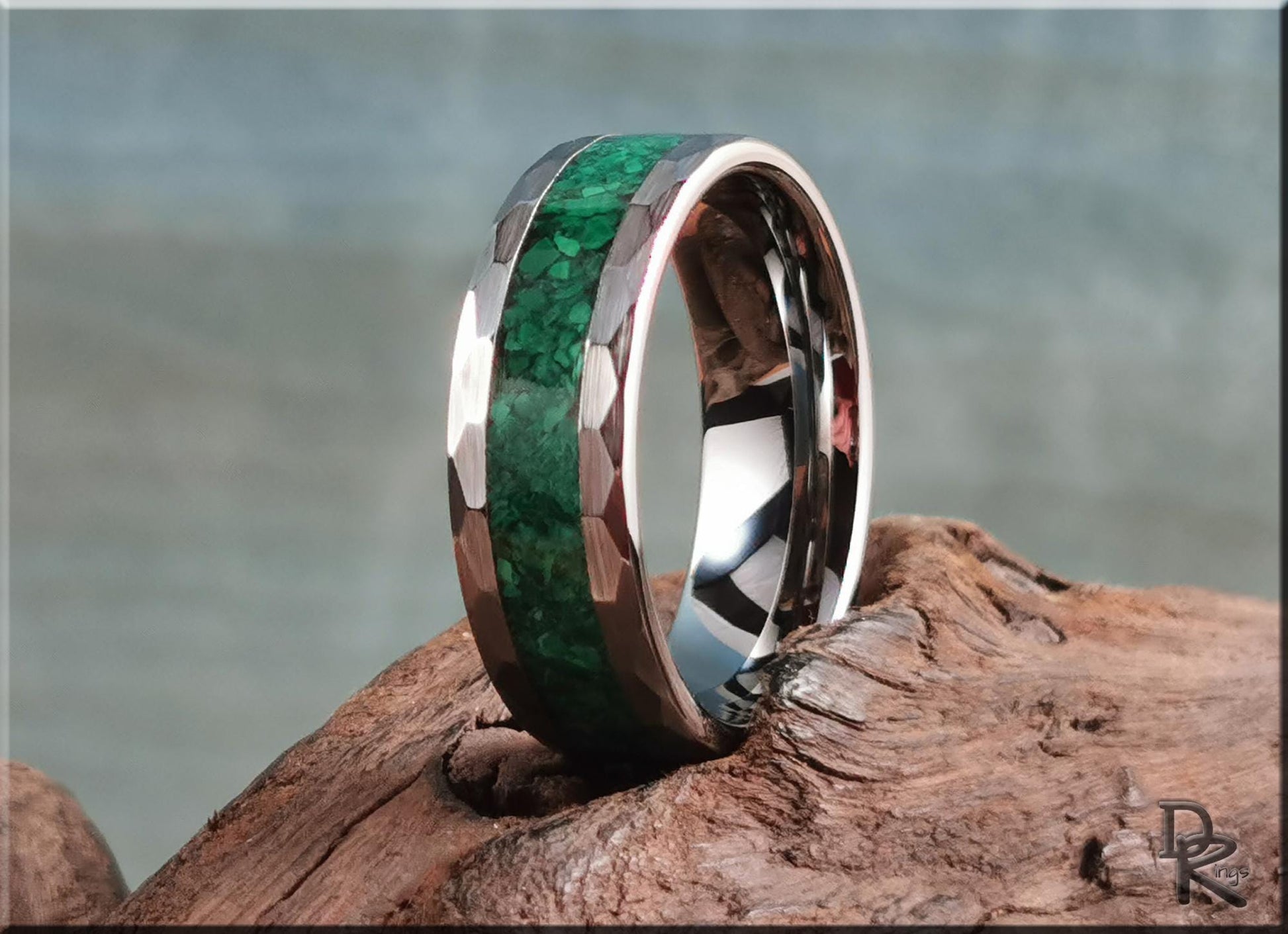 Hammered Tungsten Carbide Channel Ring w/Green Malachiteinlay - metal ring
