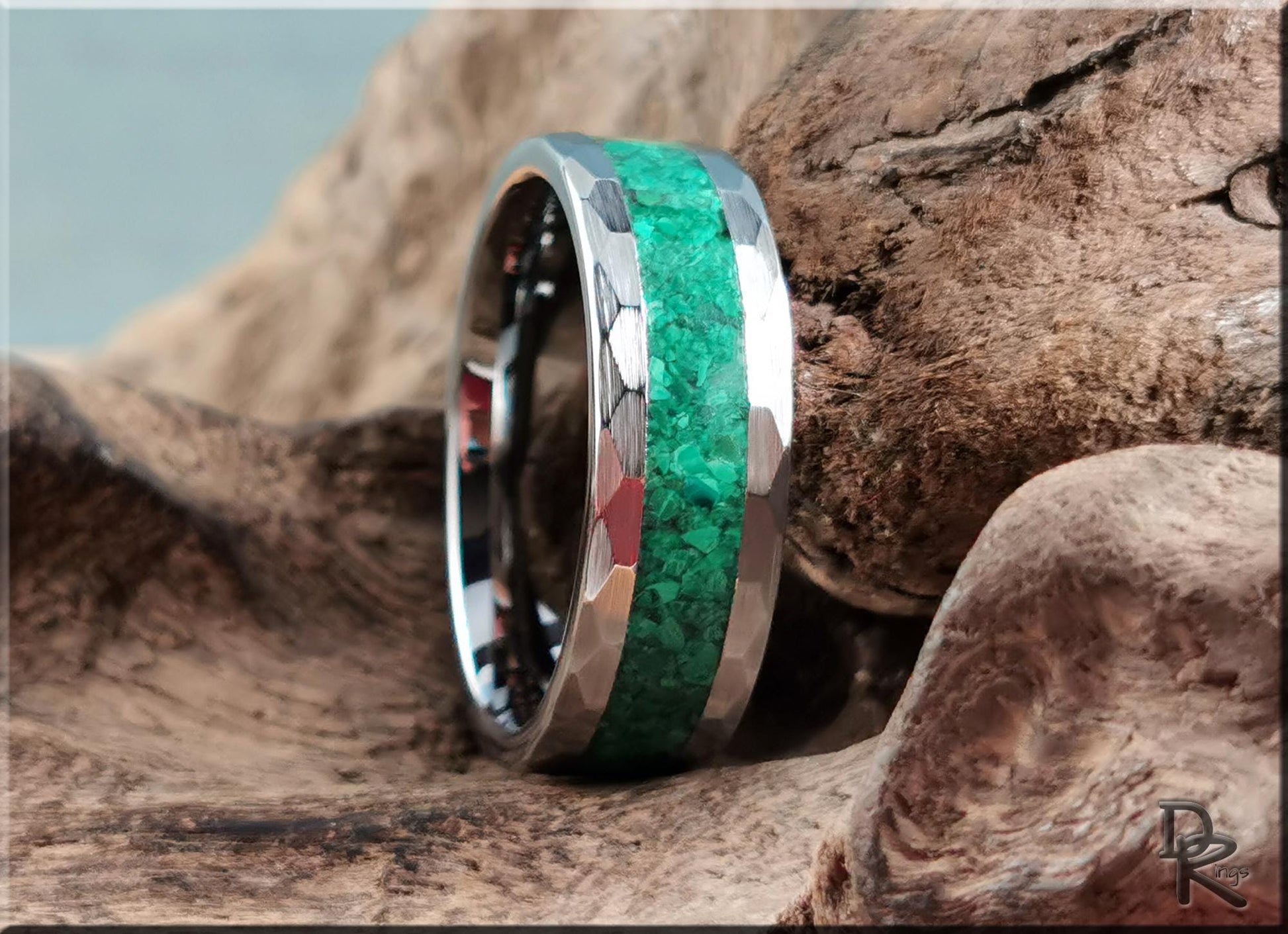 Hammered Tungsten Carbide Channel Ring w/Green Malachiteinlay - metal ring