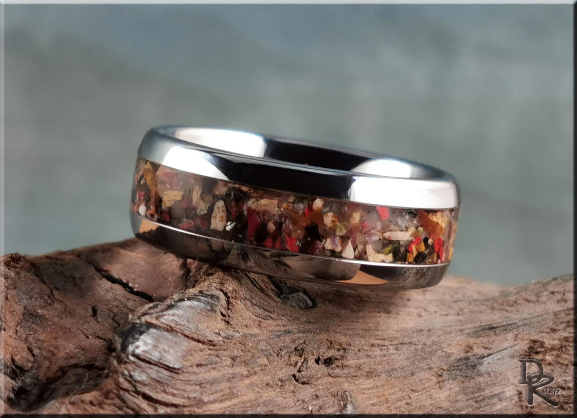 Domed Edge Tungsten Carbide Channel Ring w/African Rainbow stone inlay - metal ring