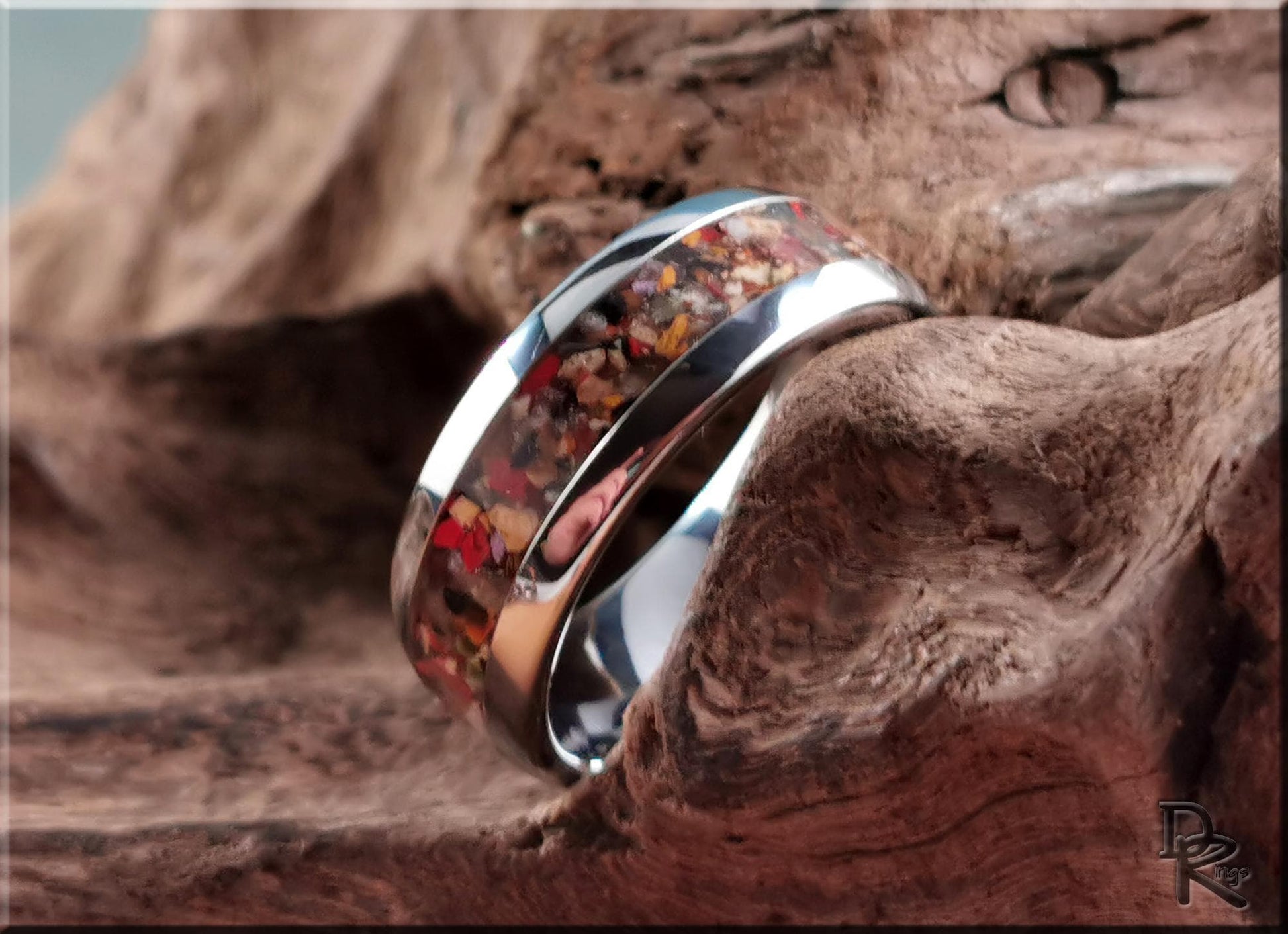 Domed Edge Tungsten Carbide Channel Ring w/African Rainbow stone inlay - metal ring