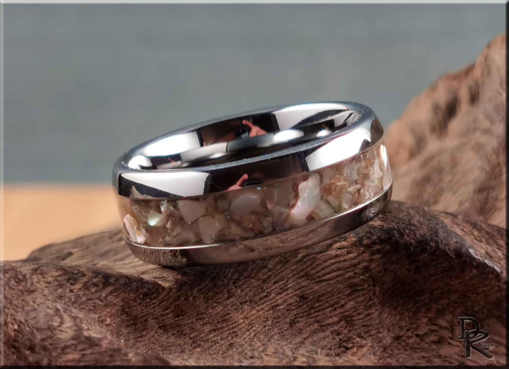 Domed Edge Tungsten Carbide Channel Ring w/Silver Abalone inlay - metal ring