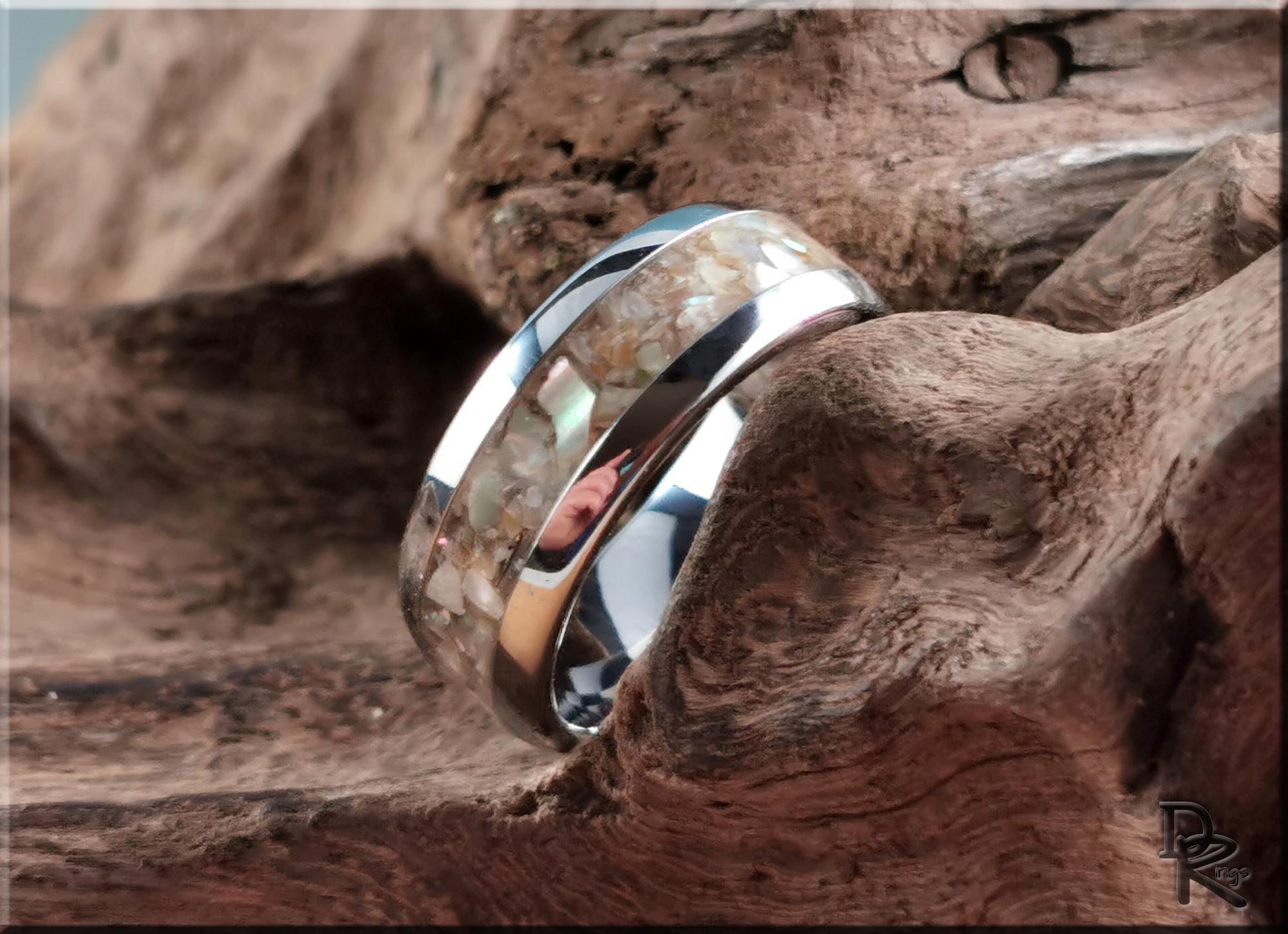 Domed Edge Tungsten Carbide Channel Ring w/Silver Abalone inlay - metal ring