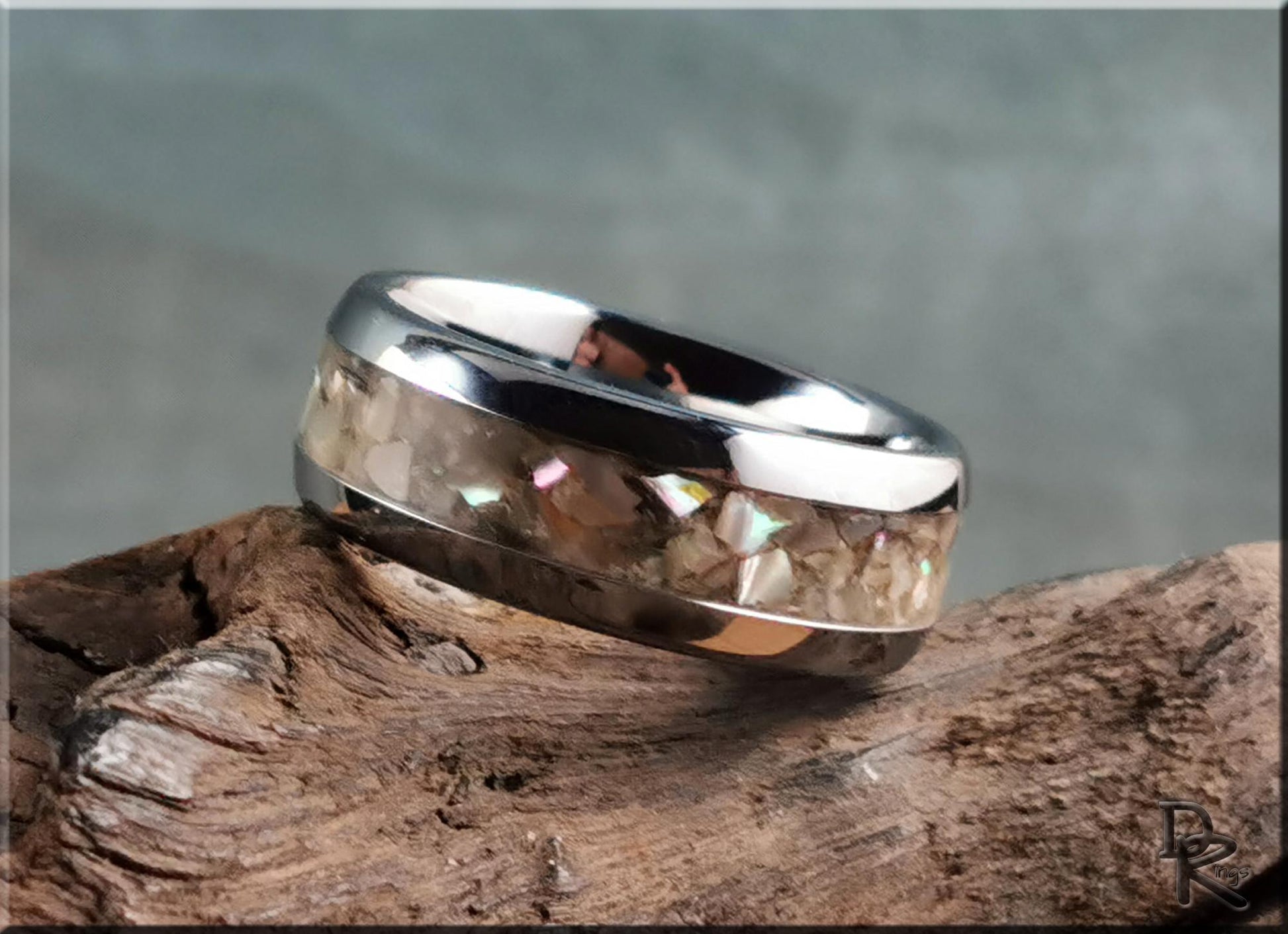 Domed Edge Tungsten Carbide Channel Ring w/Silver Abalone inlay - metal ring