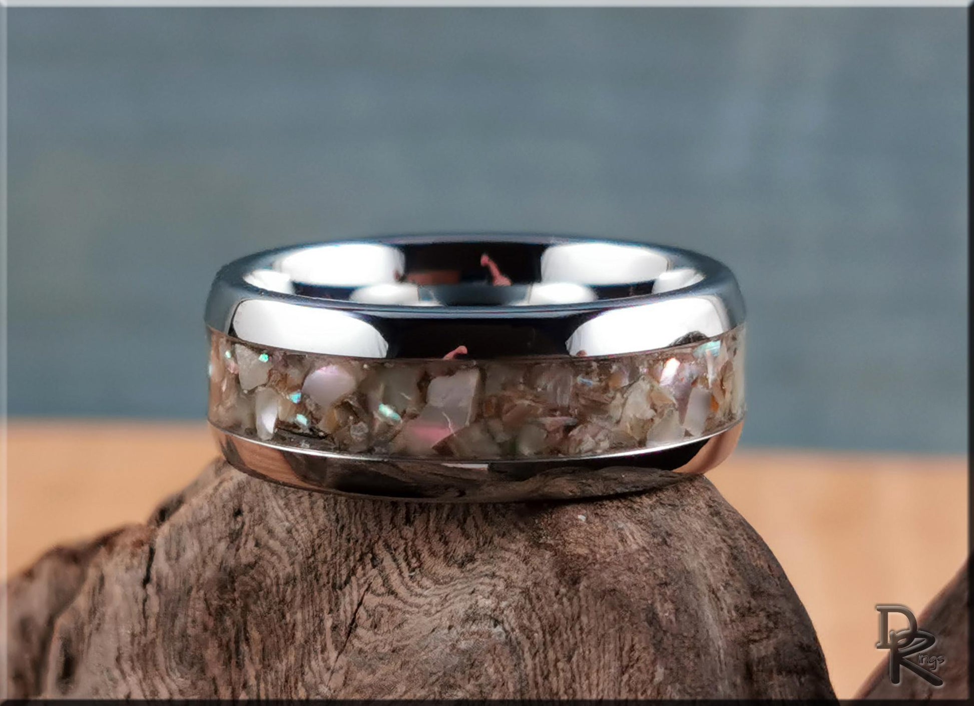 Domed Edge Tungsten Carbide Channel Ring w/Silver Abalone inlay - metal ring