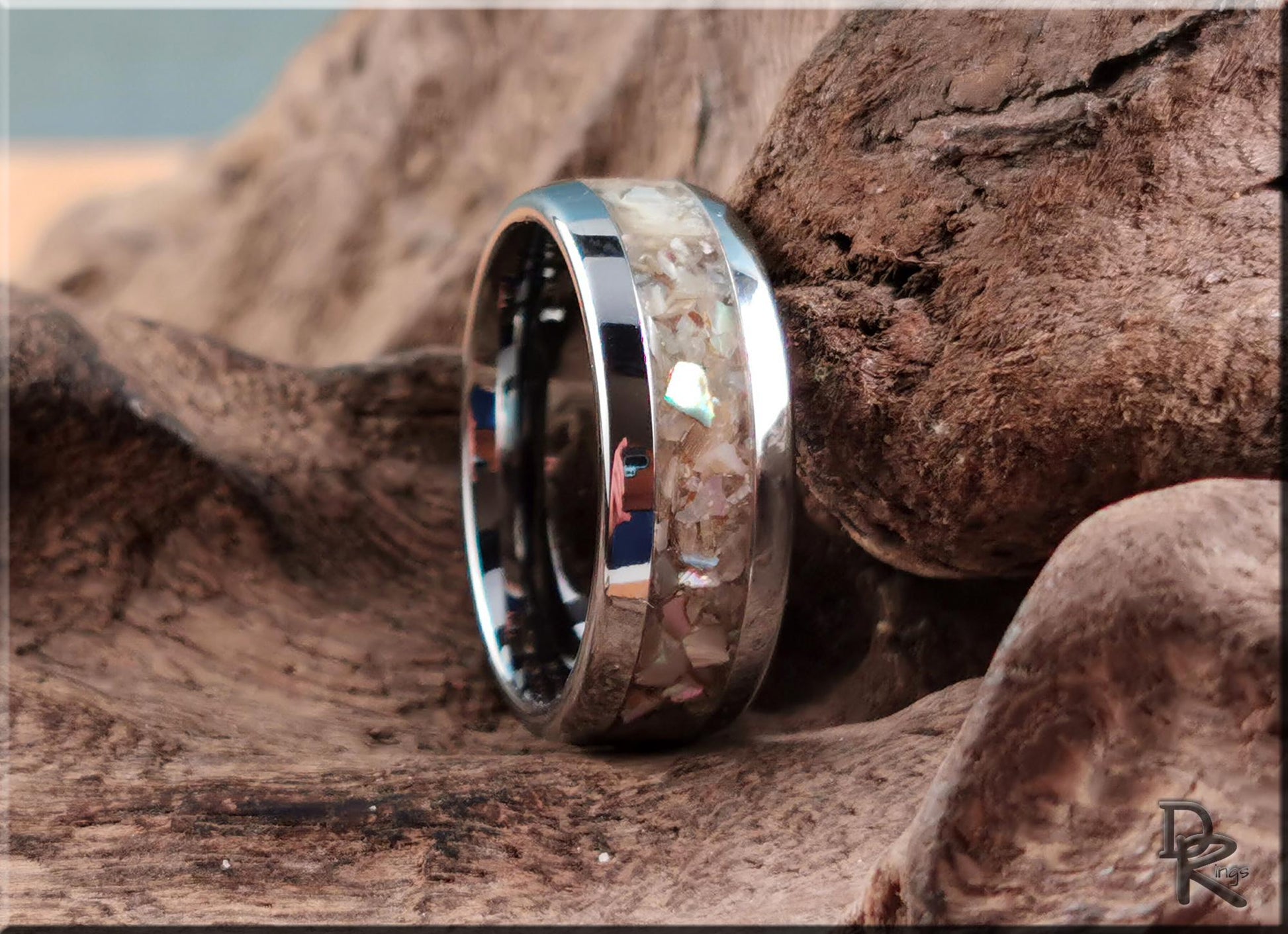Domed Edge Tungsten Carbide Channel Ring w/Silver Abalone inlay - metal ring