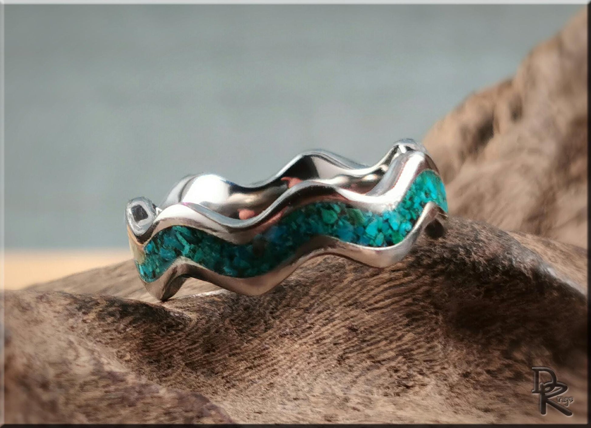 Titanium Clamshell Ring w/Dark Chrysocolla inlay - metal ring