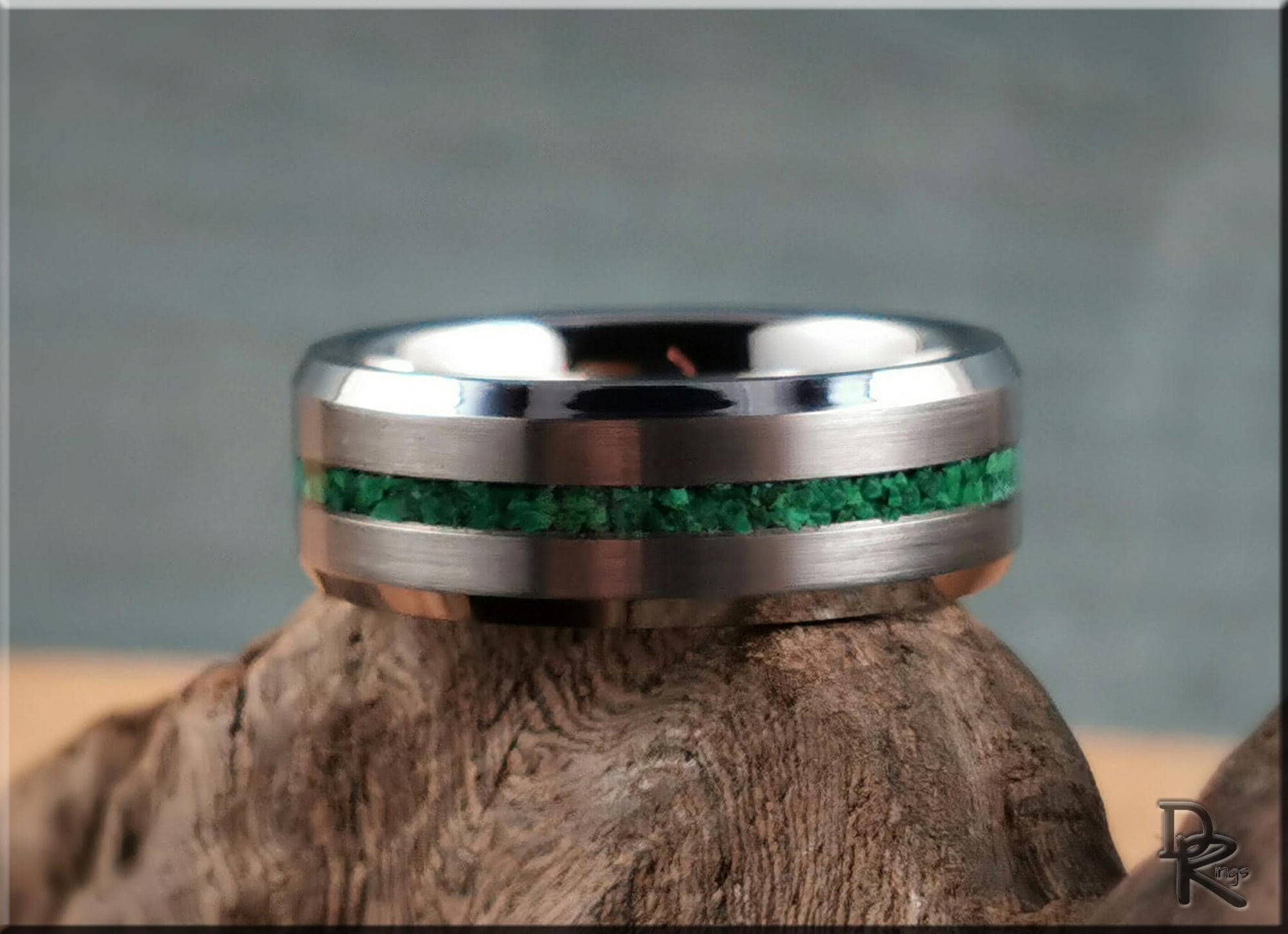 Thin Line Tungsten Carbide Channel Ring w/Green Malachite inlay - metal ring