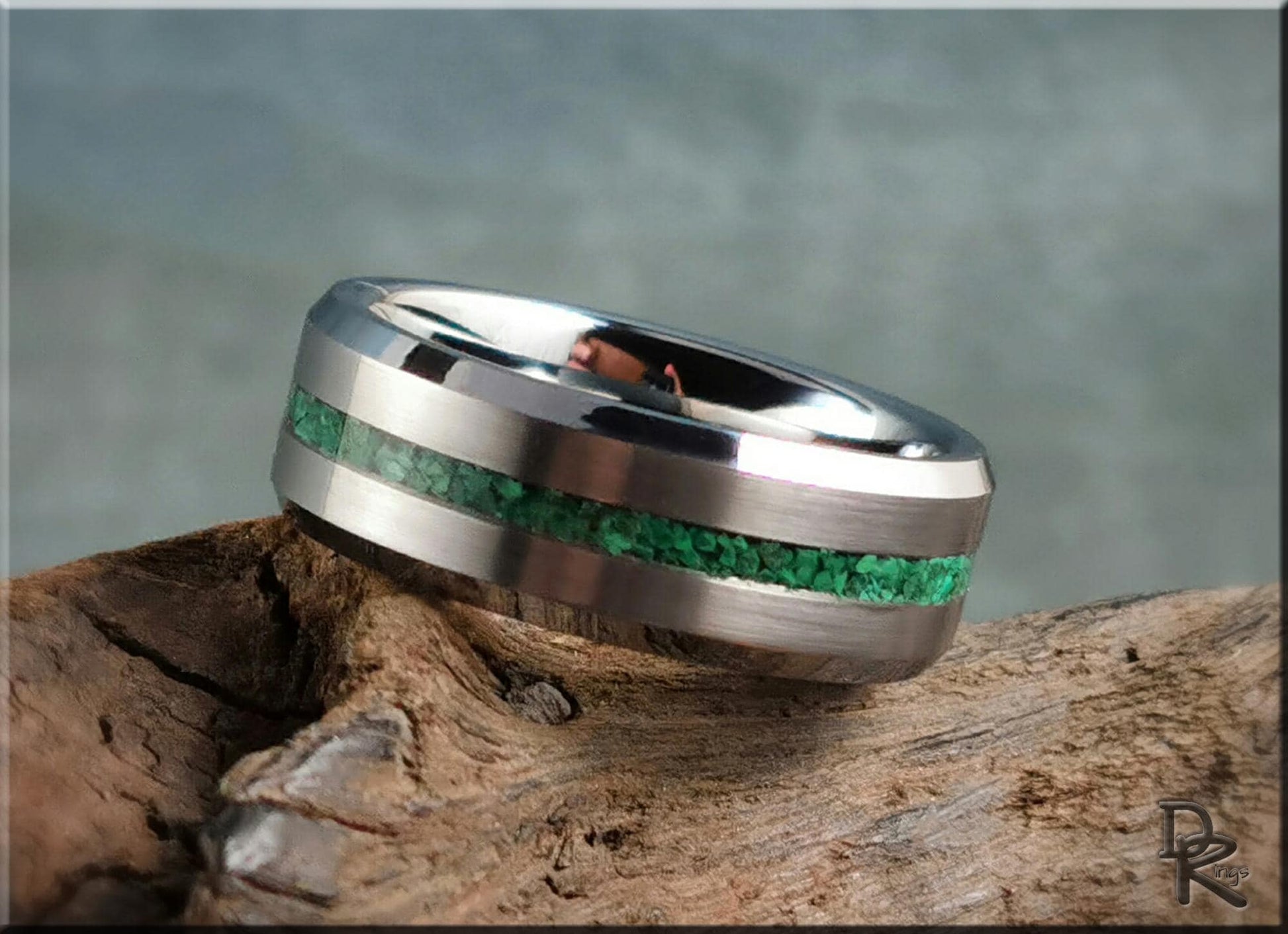 Thin Line Tungsten Carbide Channel Ring w/Green Malachite inlay - metal ring