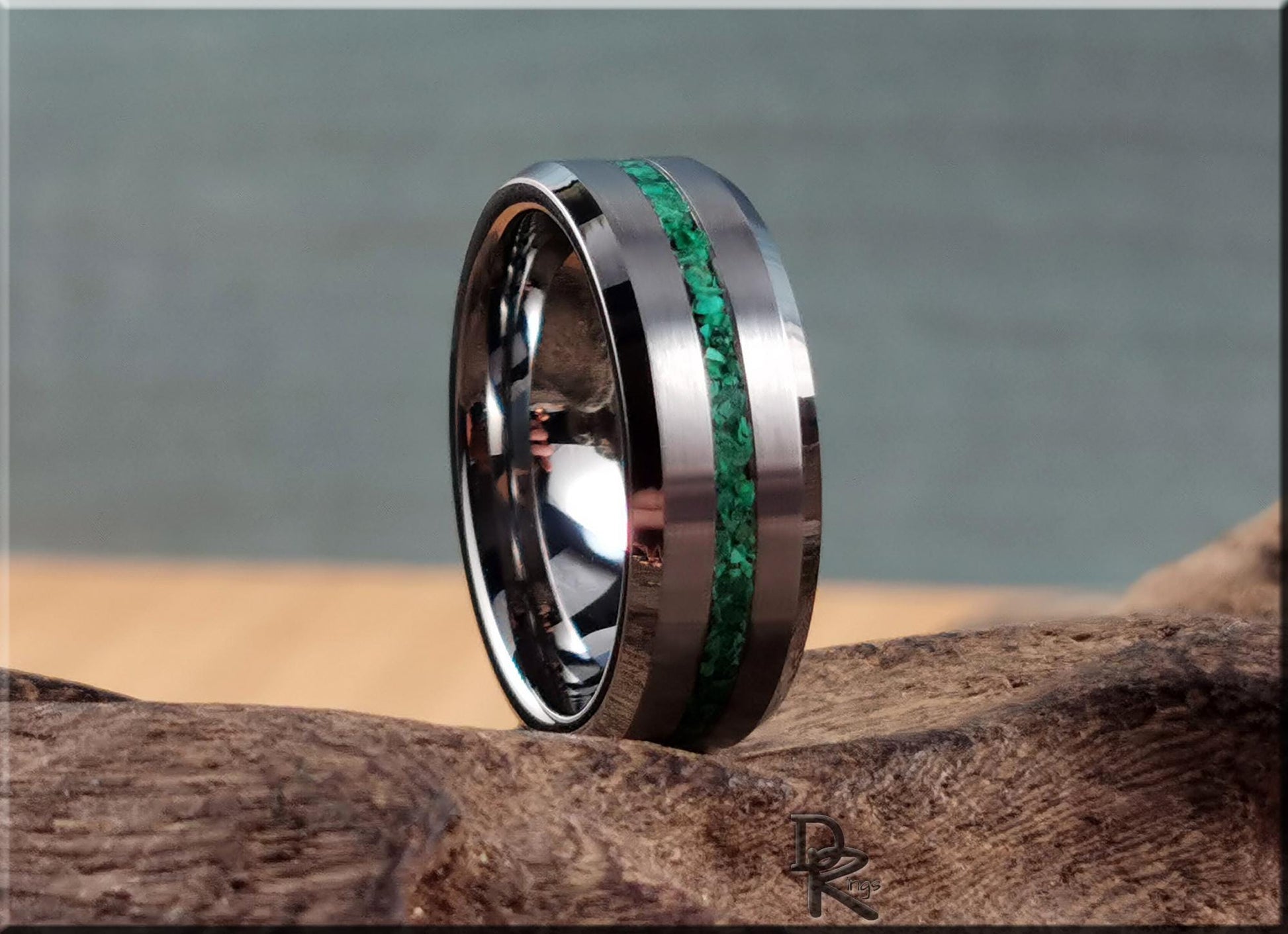 Thin Line Tungsten Carbide Channel Ring w/Green Malachite inlay - metal ring