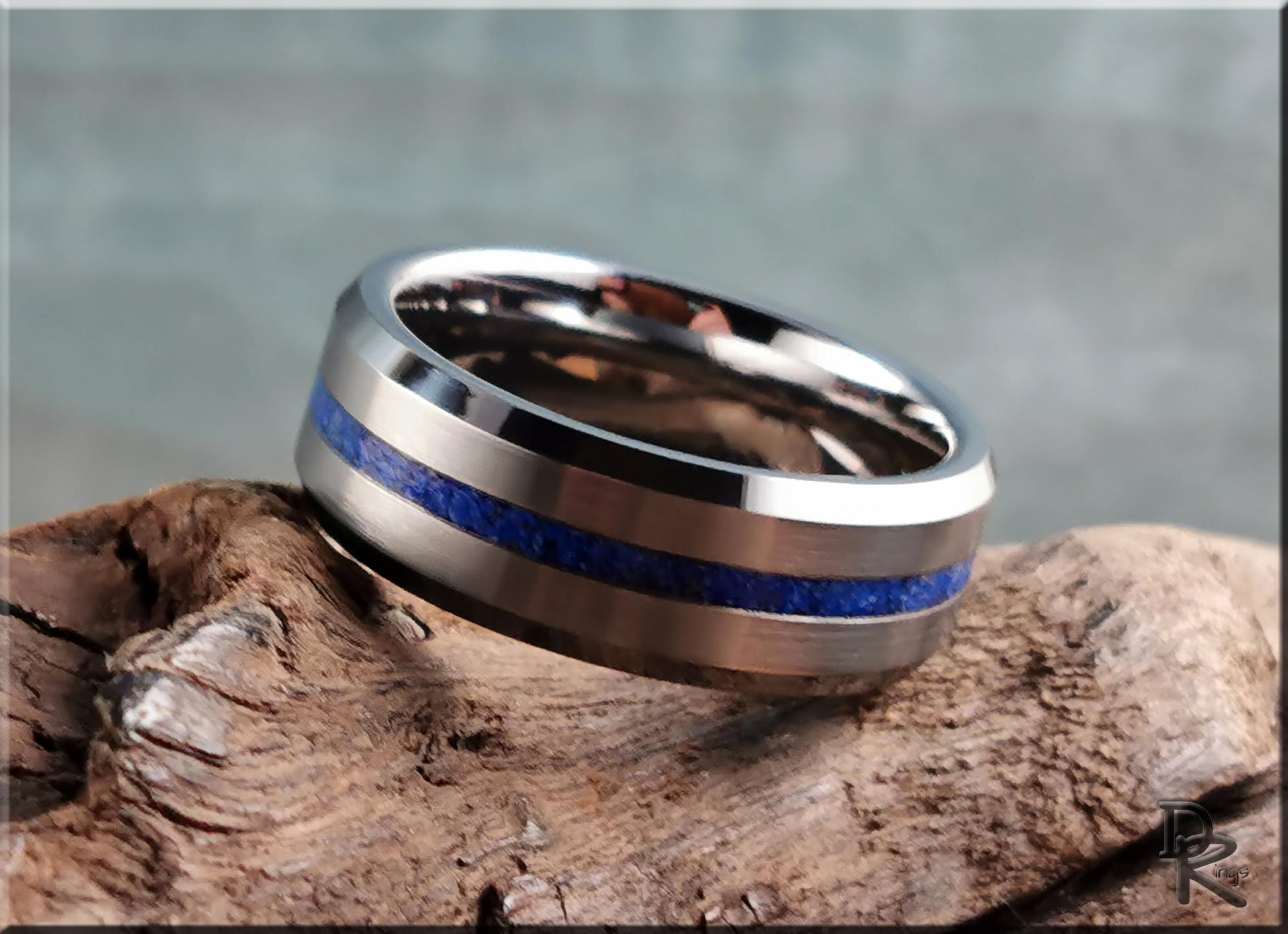 Thin Line Tungsten Carbide Channel Ring w/Lapis Lazuli inlay - metal ring