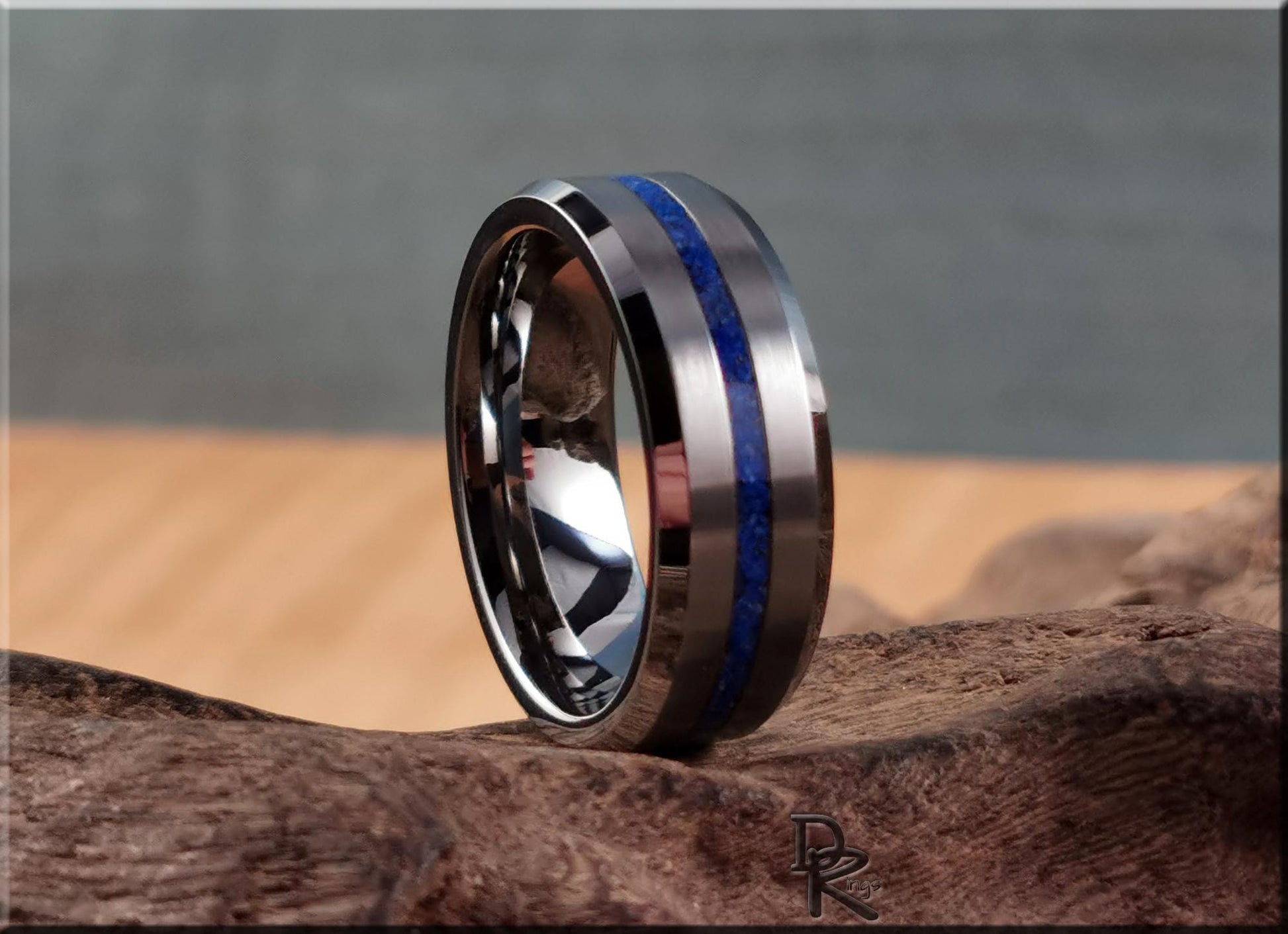 Thin Line Tungsten Carbide Channel Ring w/Lapis Lazuli inlay - metal ring