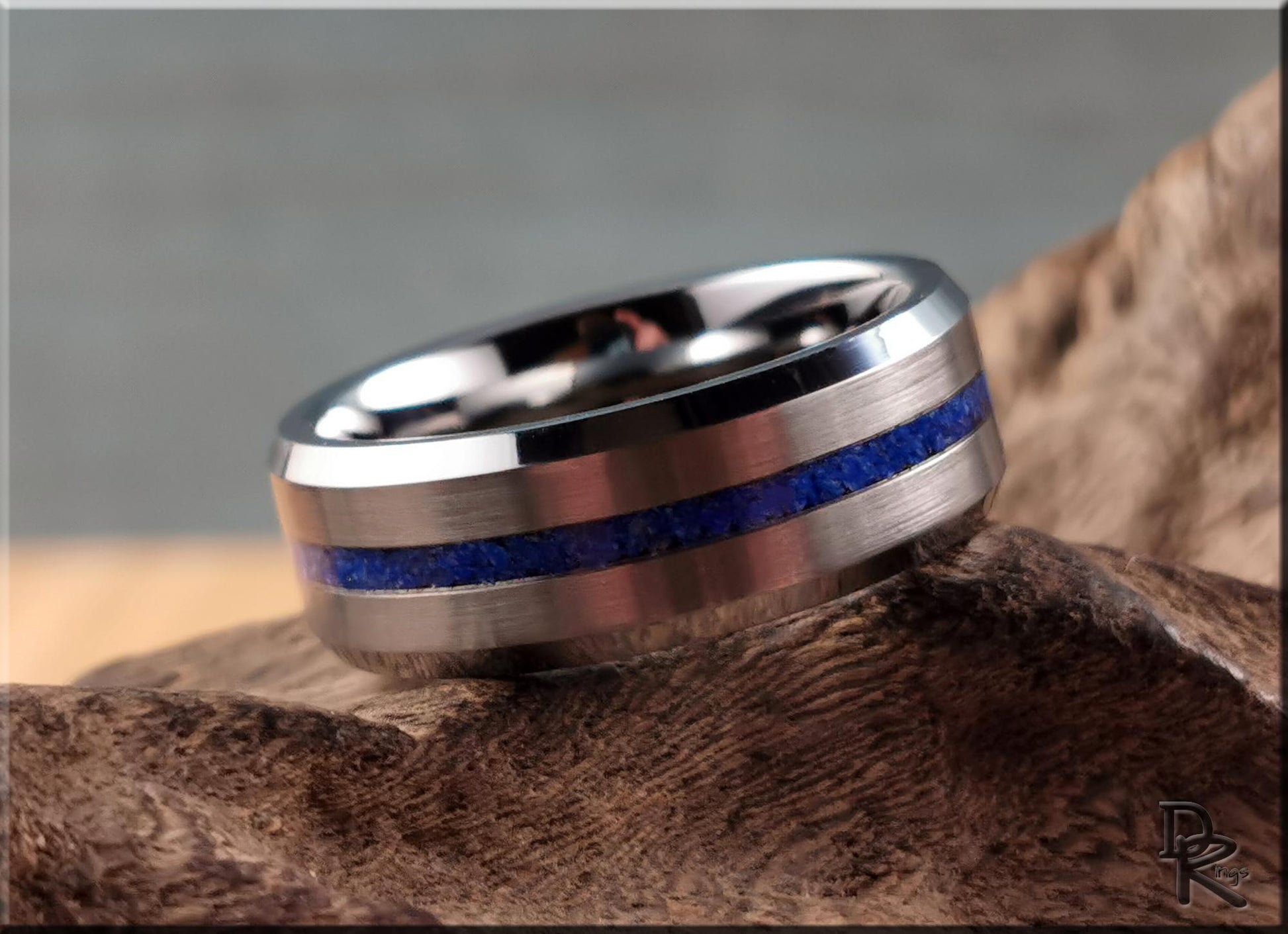 Thin Line Tungsten Carbide Channel Ring w/Lapis Lazuli inlay - metal ring