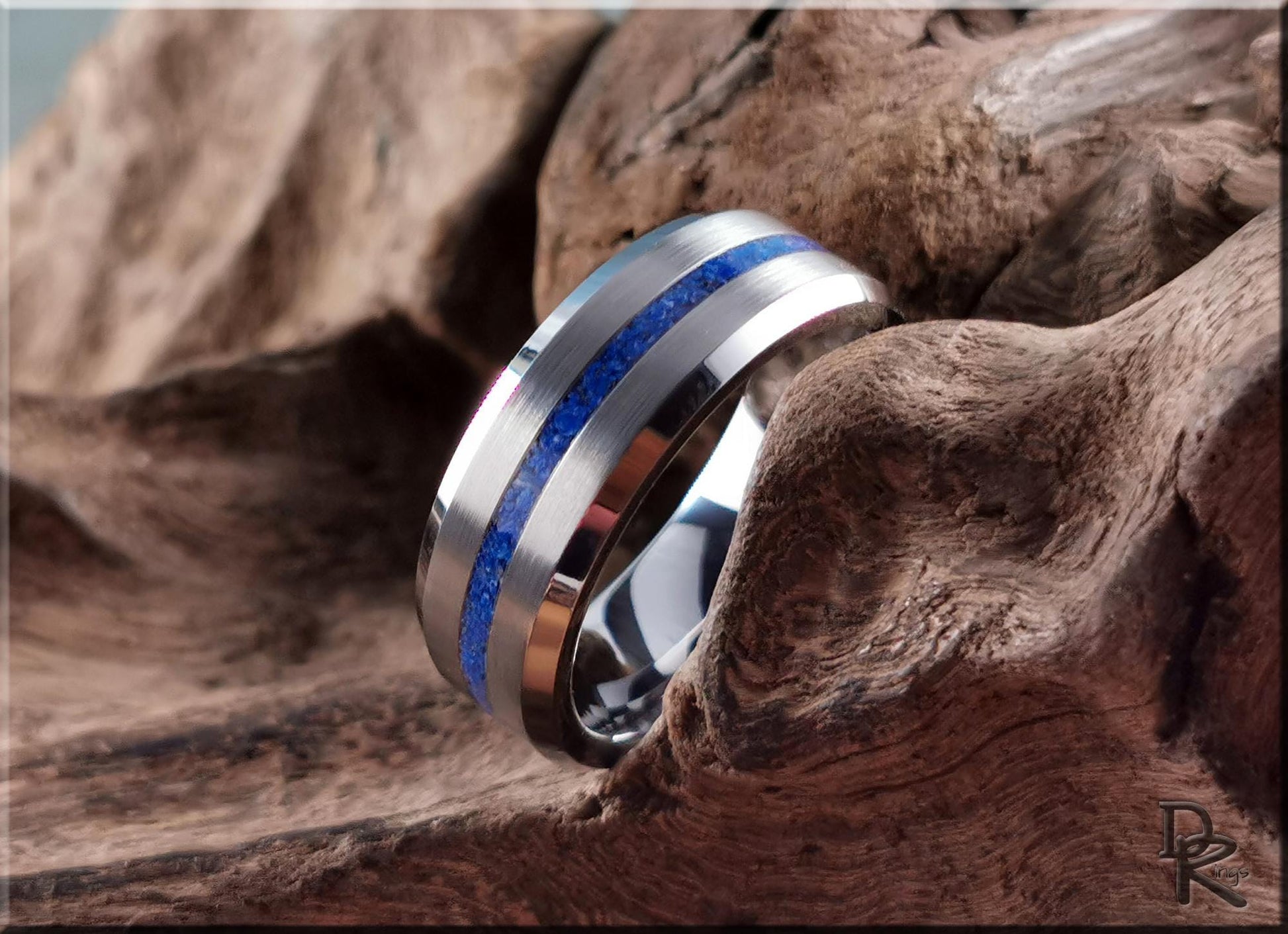 Thin Line Tungsten Carbide Channel Ring w/Lapis Lazuli inlay - metal ring