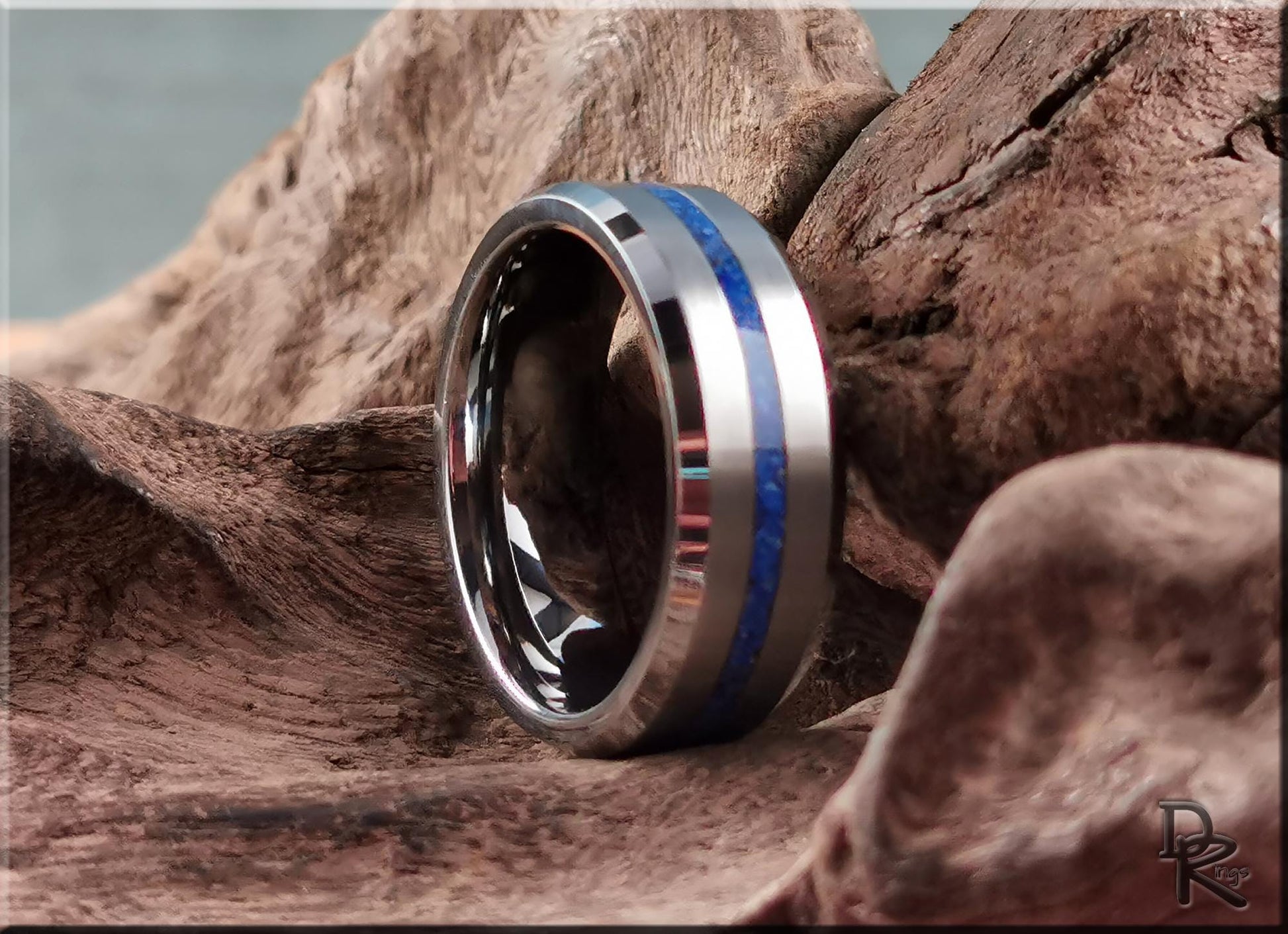 Thin Line Tungsten Carbide Channel Ring w/Lapis Lazuli inlay - metal ring