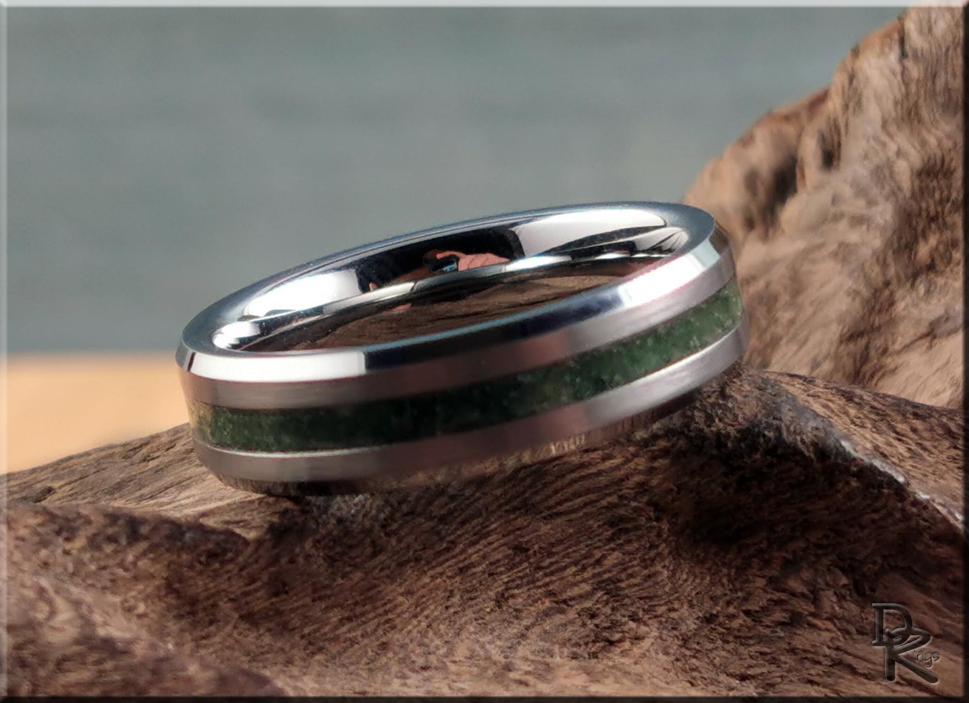 Thin Line Tungsten Carbide Channel Ring w/Emerald inlay - metal ring