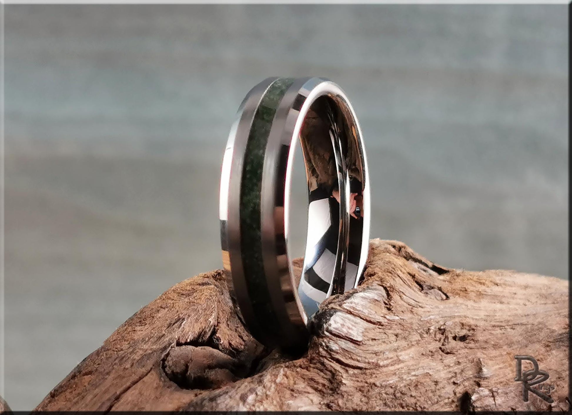 Thin Line Tungsten Carbide Channel Ring w/Emerald inlay - metal ring