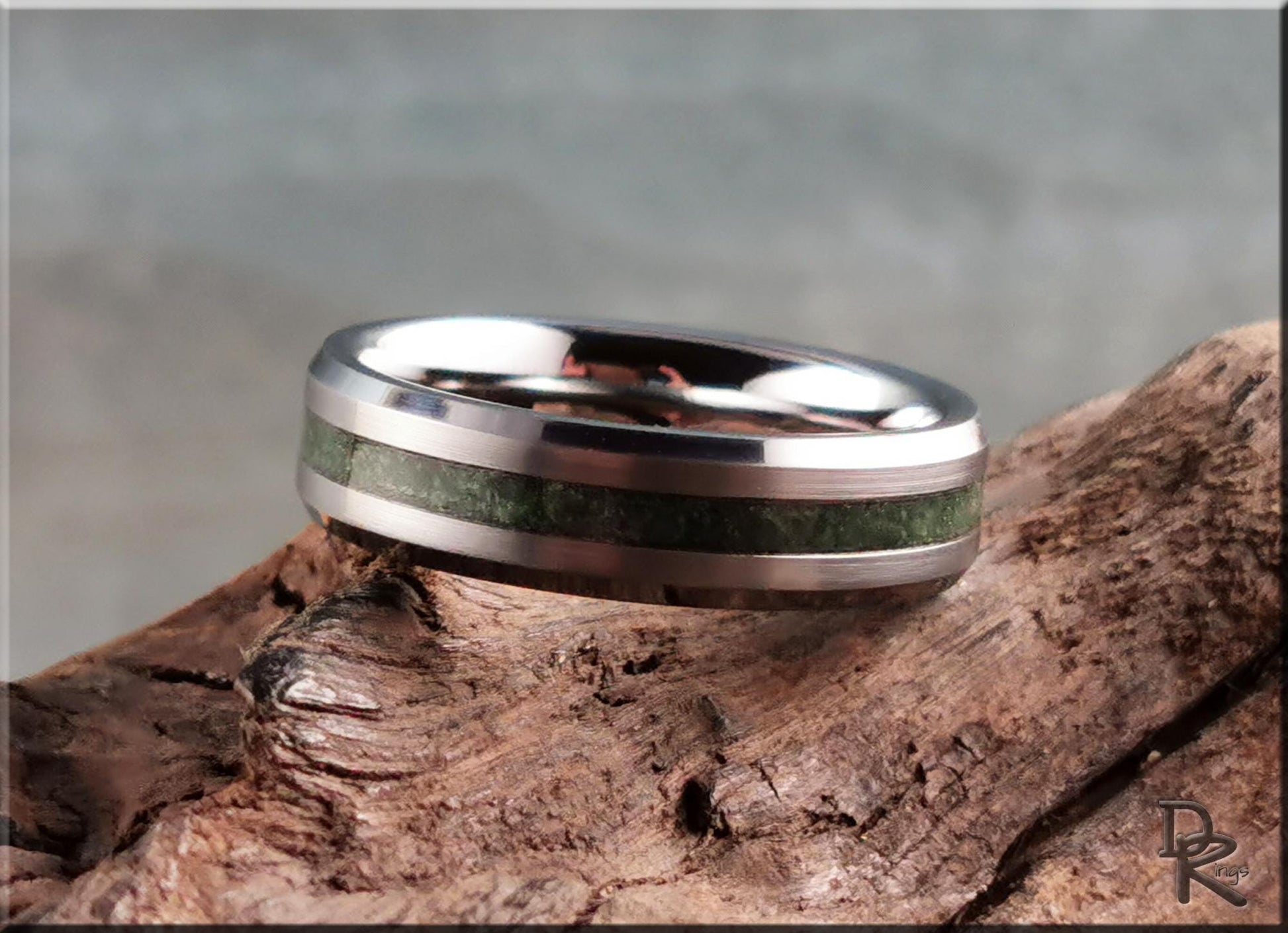Thin Line Tungsten Carbide Channel Ring w/Emerald inlay - metal ring