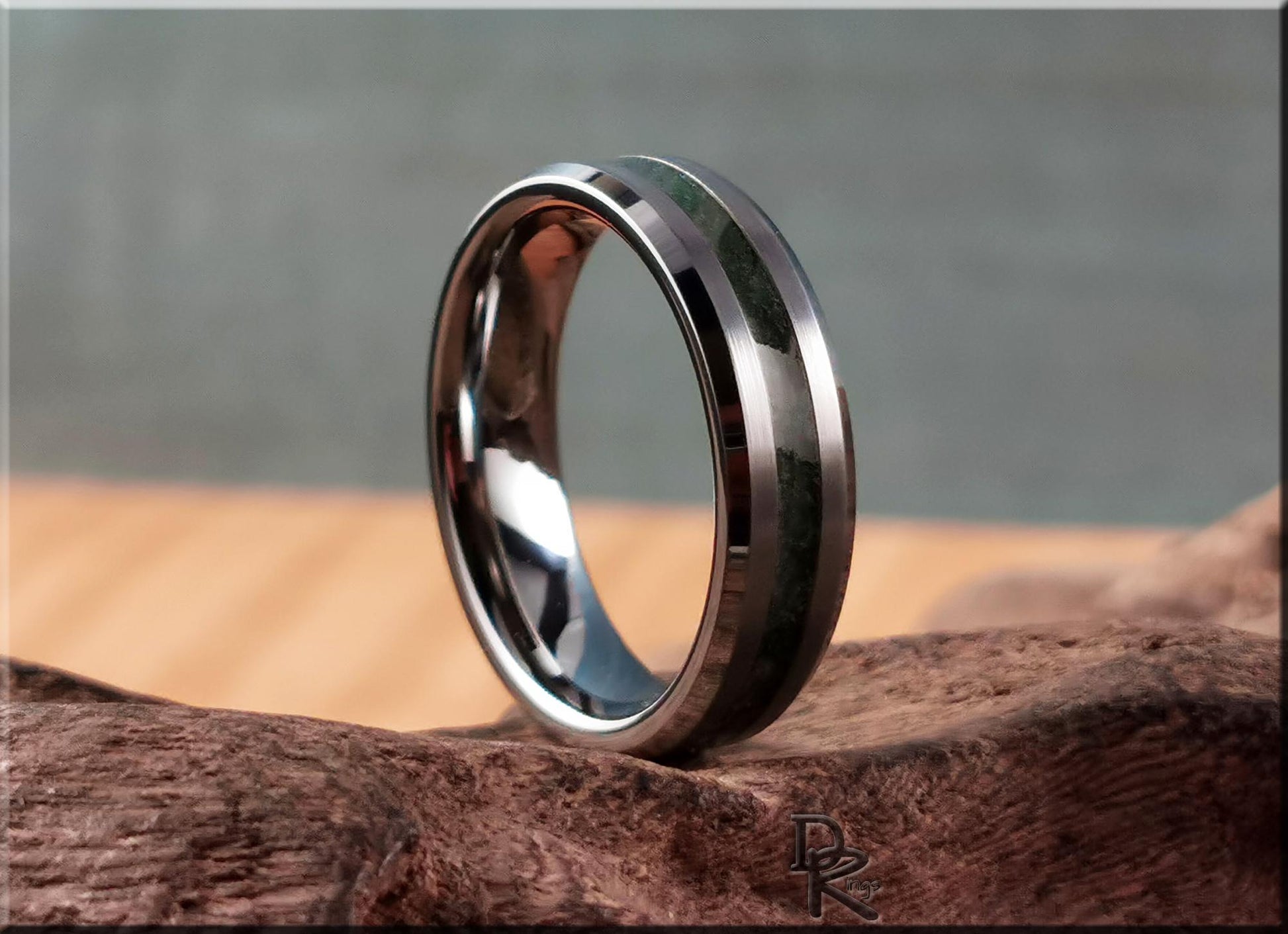 Thin Line Tungsten Carbide Channel Ring w/Emerald inlay - metal ring