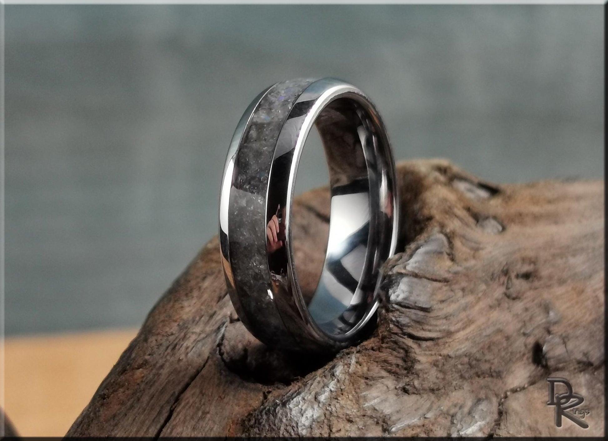 Domed Edge Tungsten Carbide Ring w/Labradorite inlay - metal ring