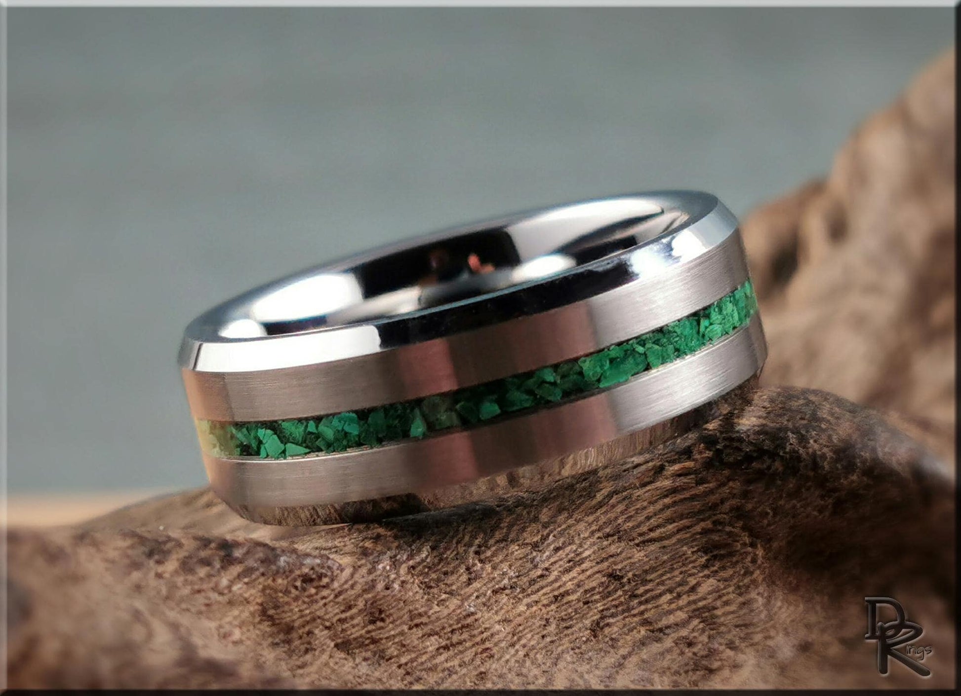 Thin Line Tungsten Carbide Channel Ring w/Green Malachite inlay - metal ring