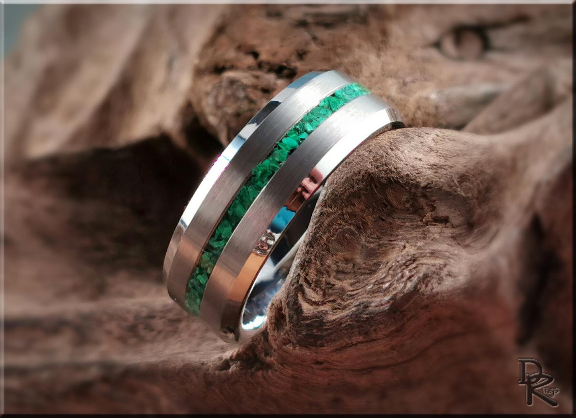 Thin Line Tungsten Carbide Channel Ring w/Green Malachite inlay - metal ring