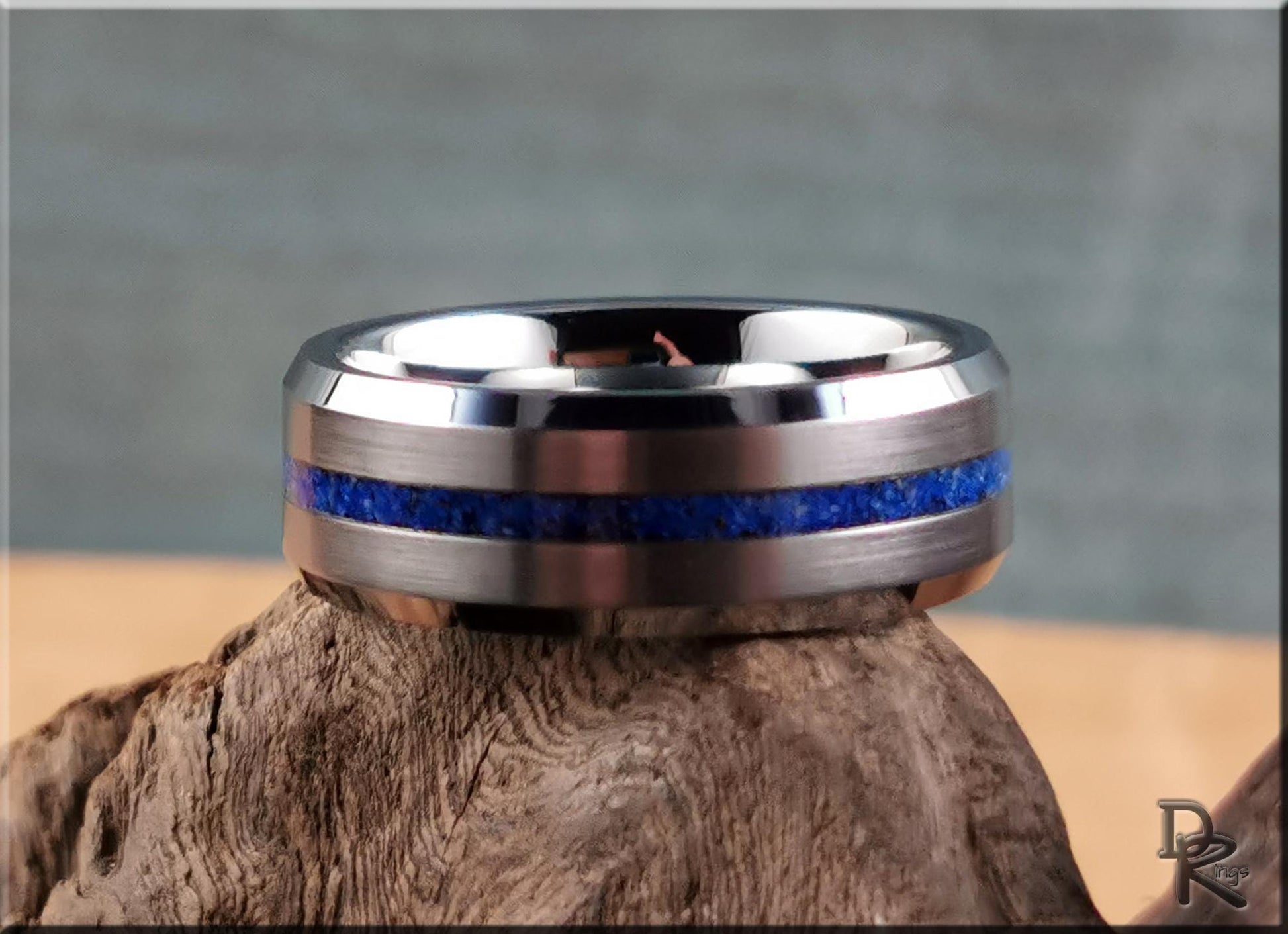 Thin Line Tungsten Carbide Channel Ring w/Lapis Lazuli inlay - metal ring