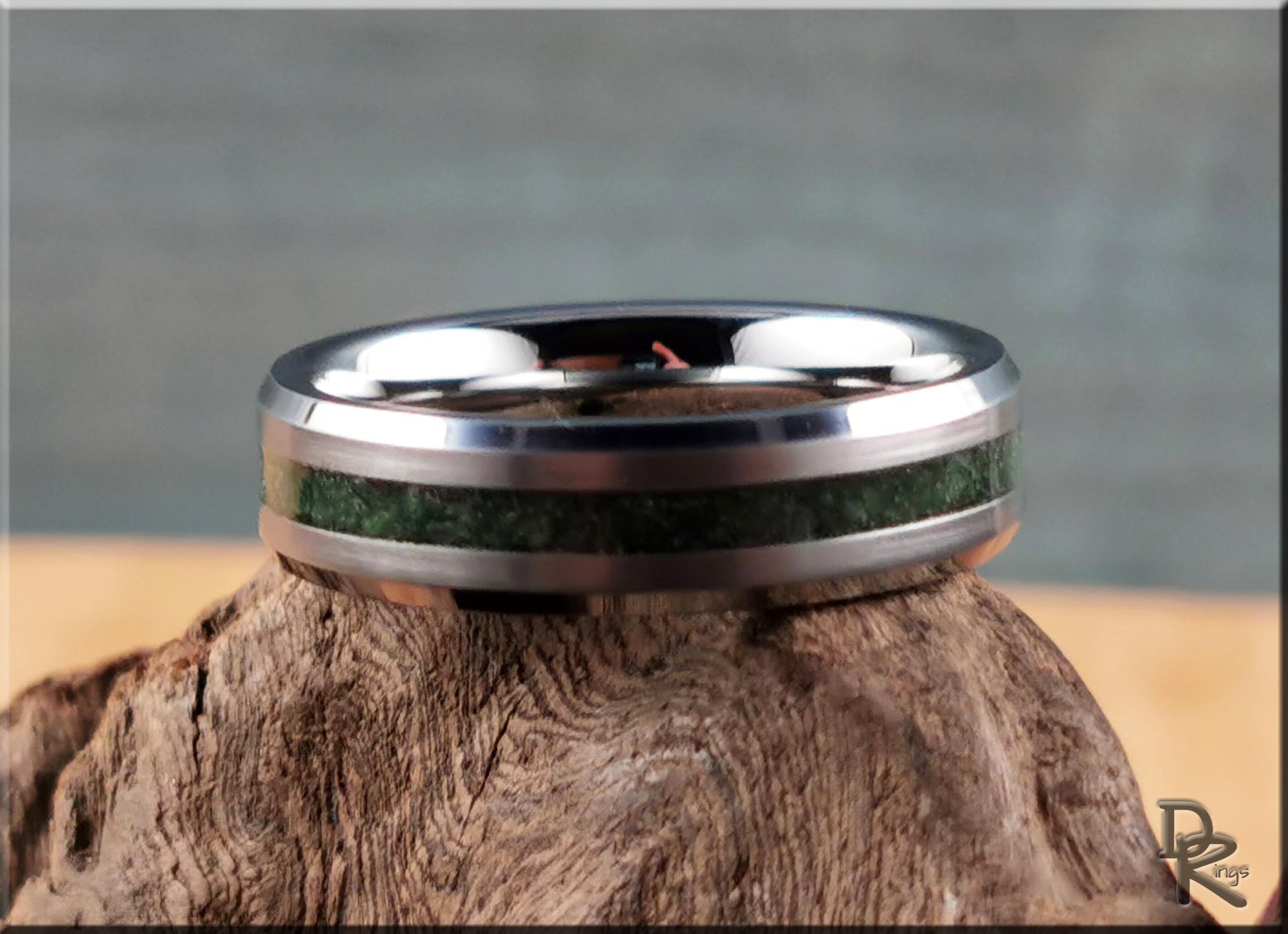 Thin Line Tungsten Carbide Channel Ring w/Emerald inlay - metal ring