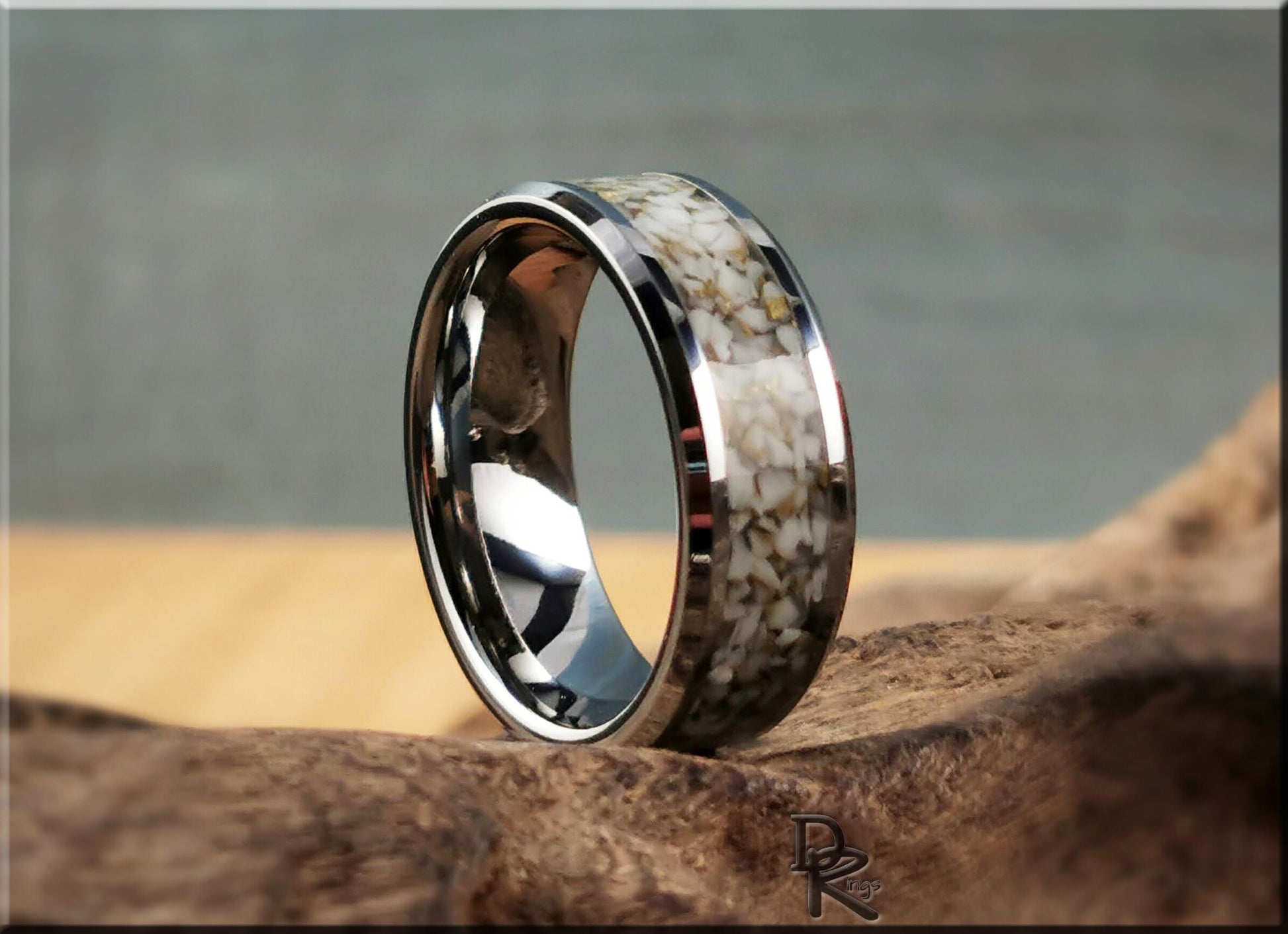 Tungsten Carbide Ring w/White and Gold TruStone inlay - 8mm metal ring