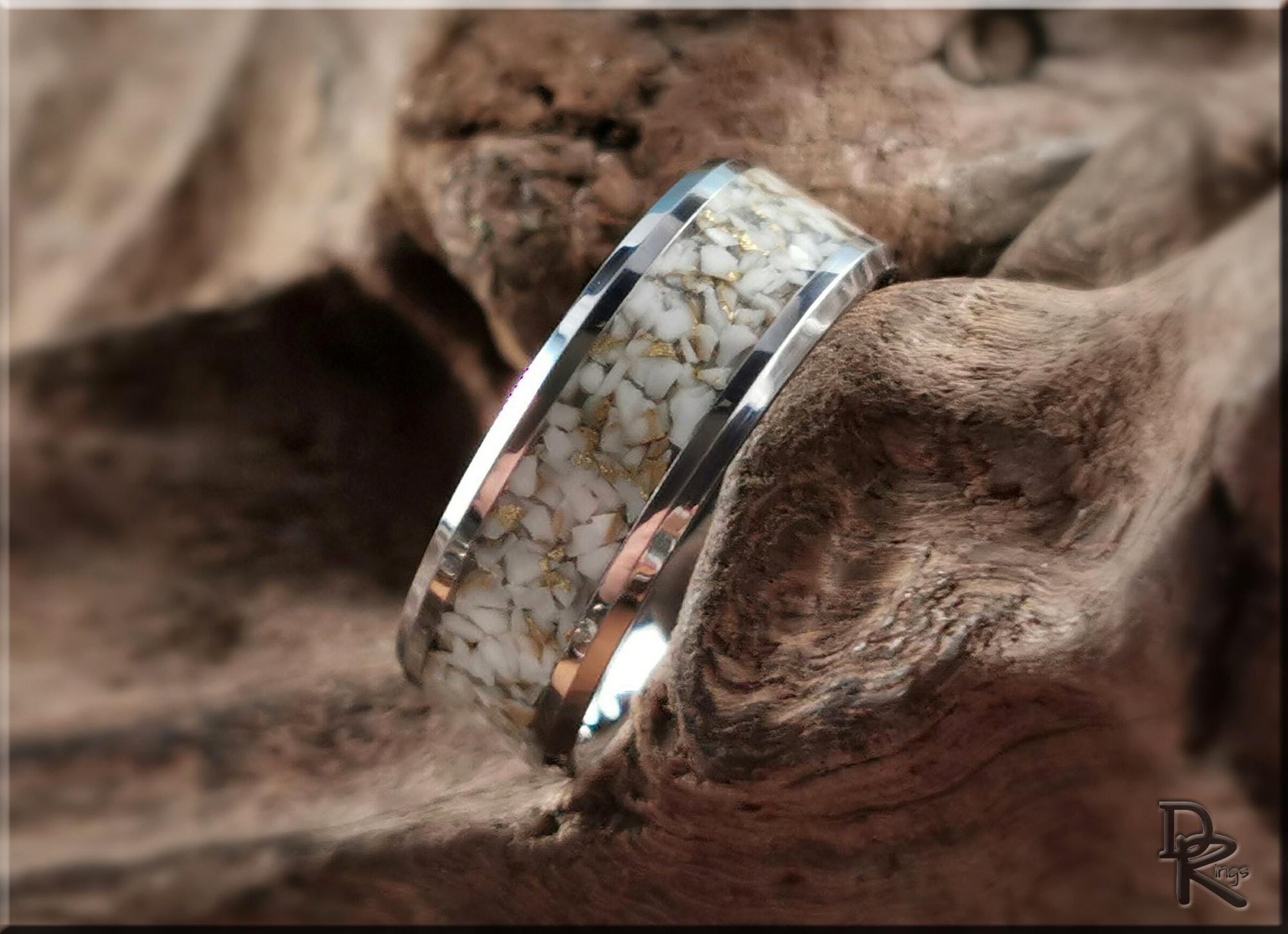 Tungsten Carbide Ring w/White and Gold TruStone inlay - 8mm metal ring