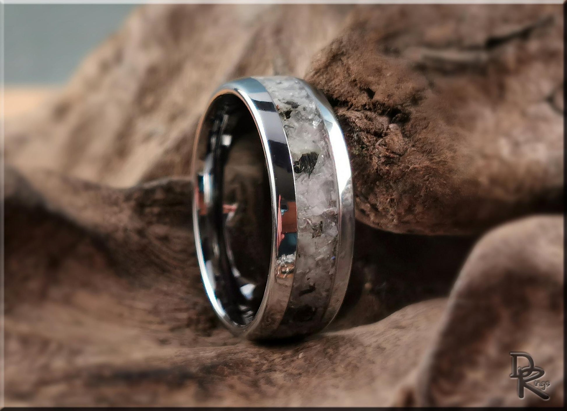 Domed Edge Tungsten Carbide Channel Ring w/Moonstone-Mica matrix stone inlay - metal ring