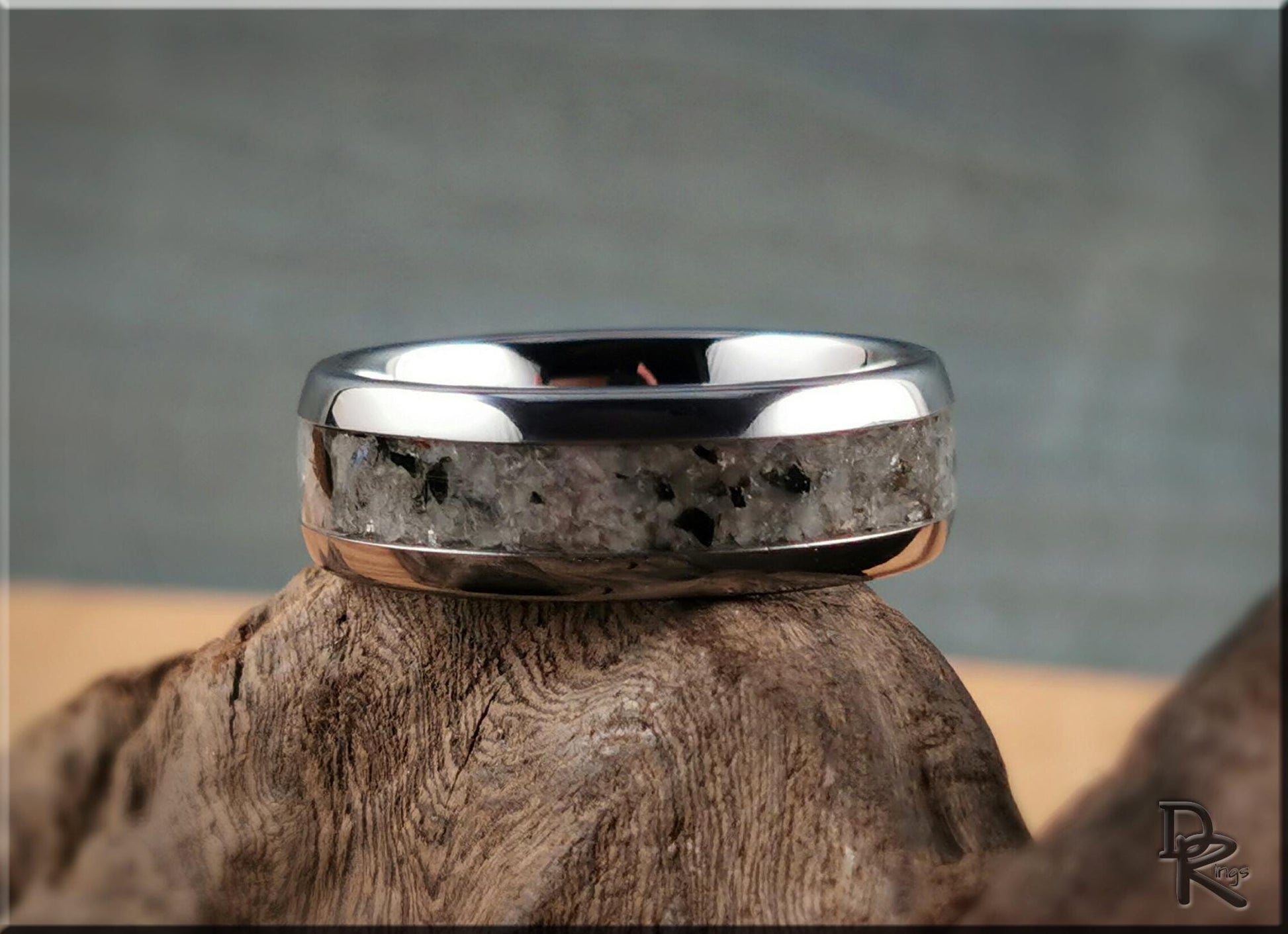 Domed Edge Tungsten Carbide Channel Ring w/Moonstone-Mica matrix stone inlay - metal ring