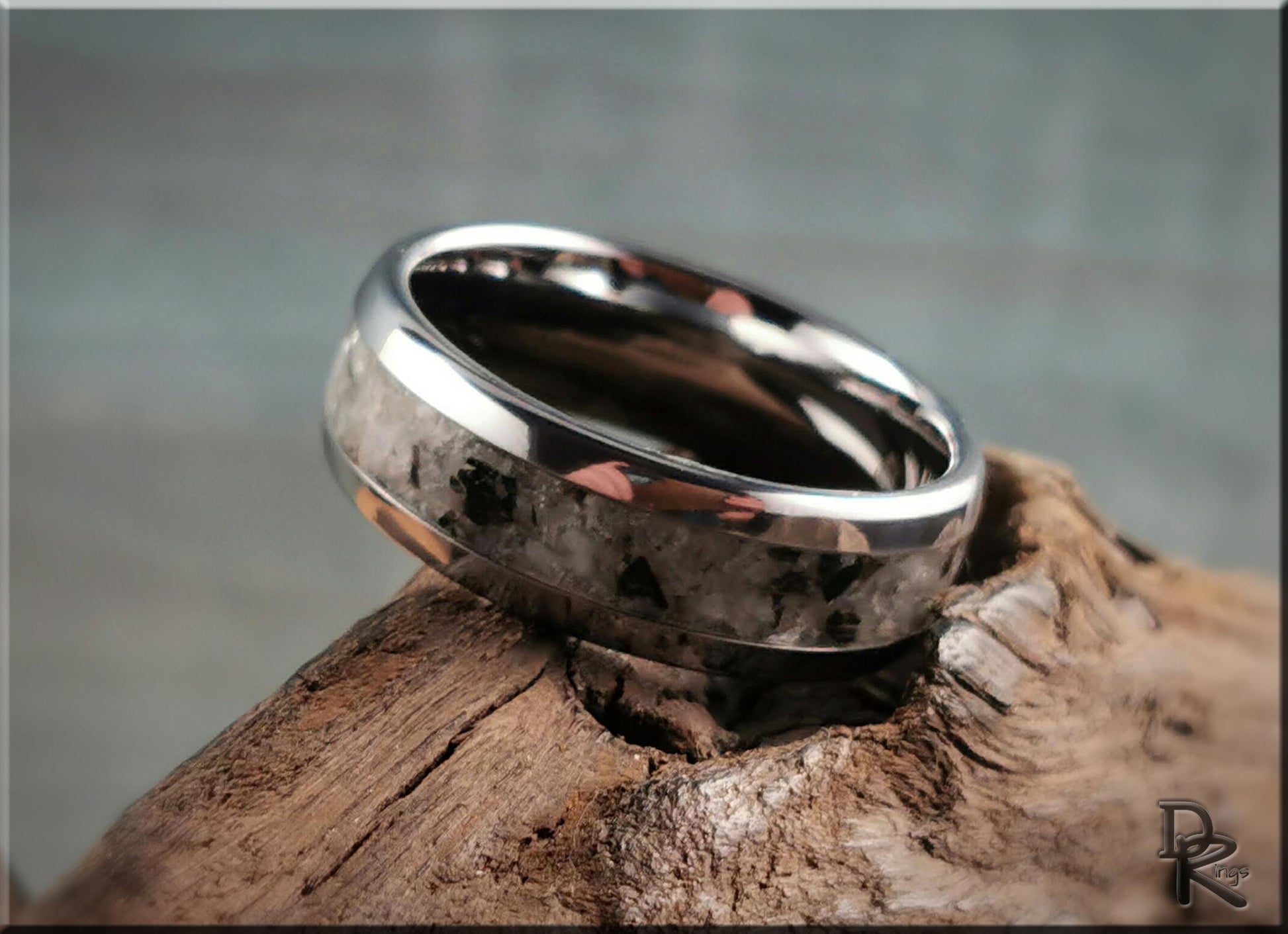 Domed Edge Tungsten Carbide Channel Ring w/Moonstone-Mica matrix stone inlay - metal ring
