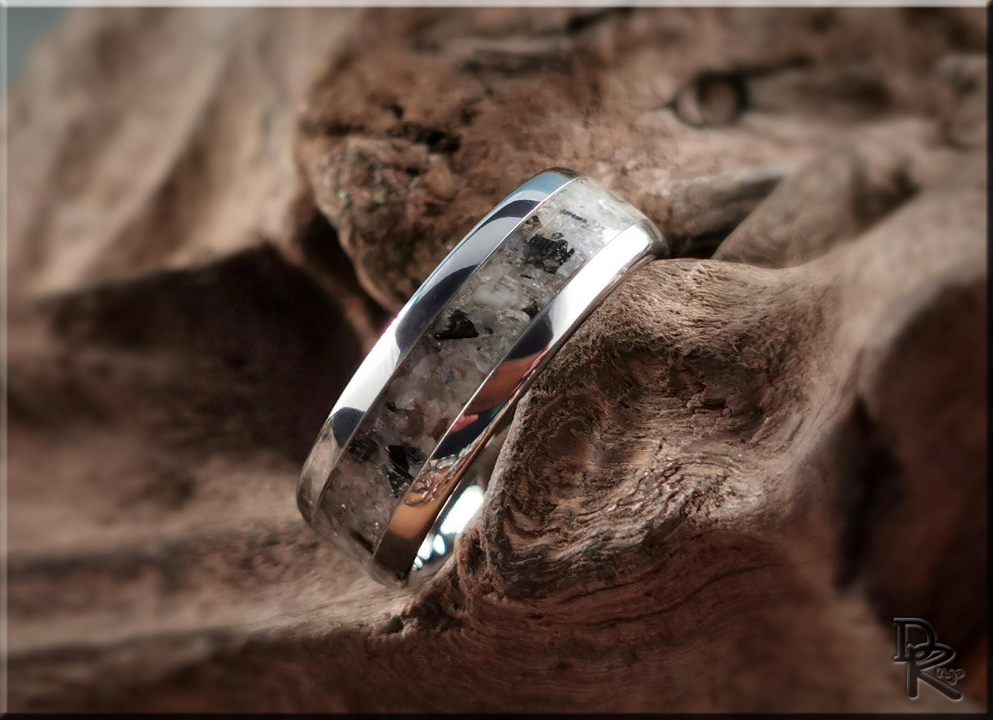 Domed Edge Tungsten Carbide Channel Ring w/Moonstone-Mica matrix stone inlay - metal ring
