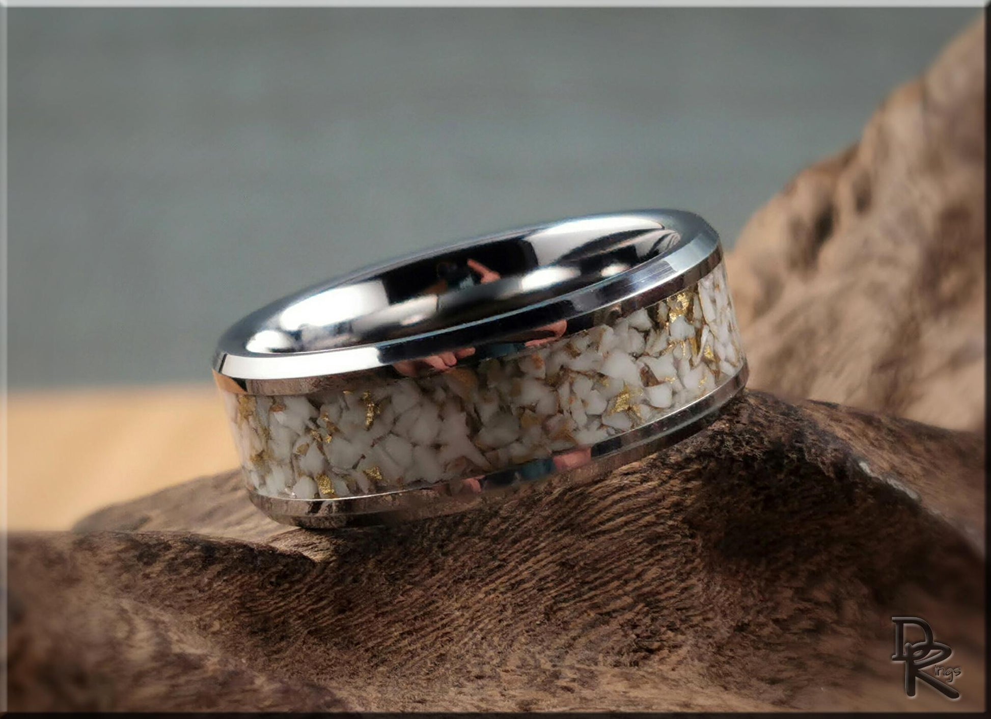 Tungsten Carbide Ring w/White and Gold TruStone inlay - 8mm metal ring