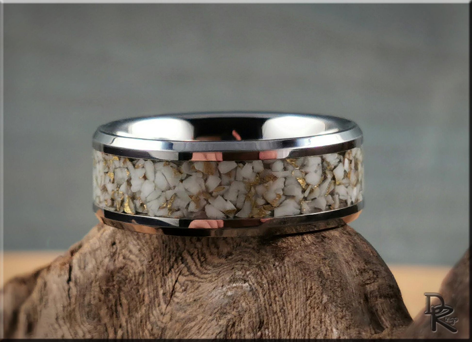 Tungsten Carbide Ring w/White and Gold TruStone inlay - 8mm metal ring