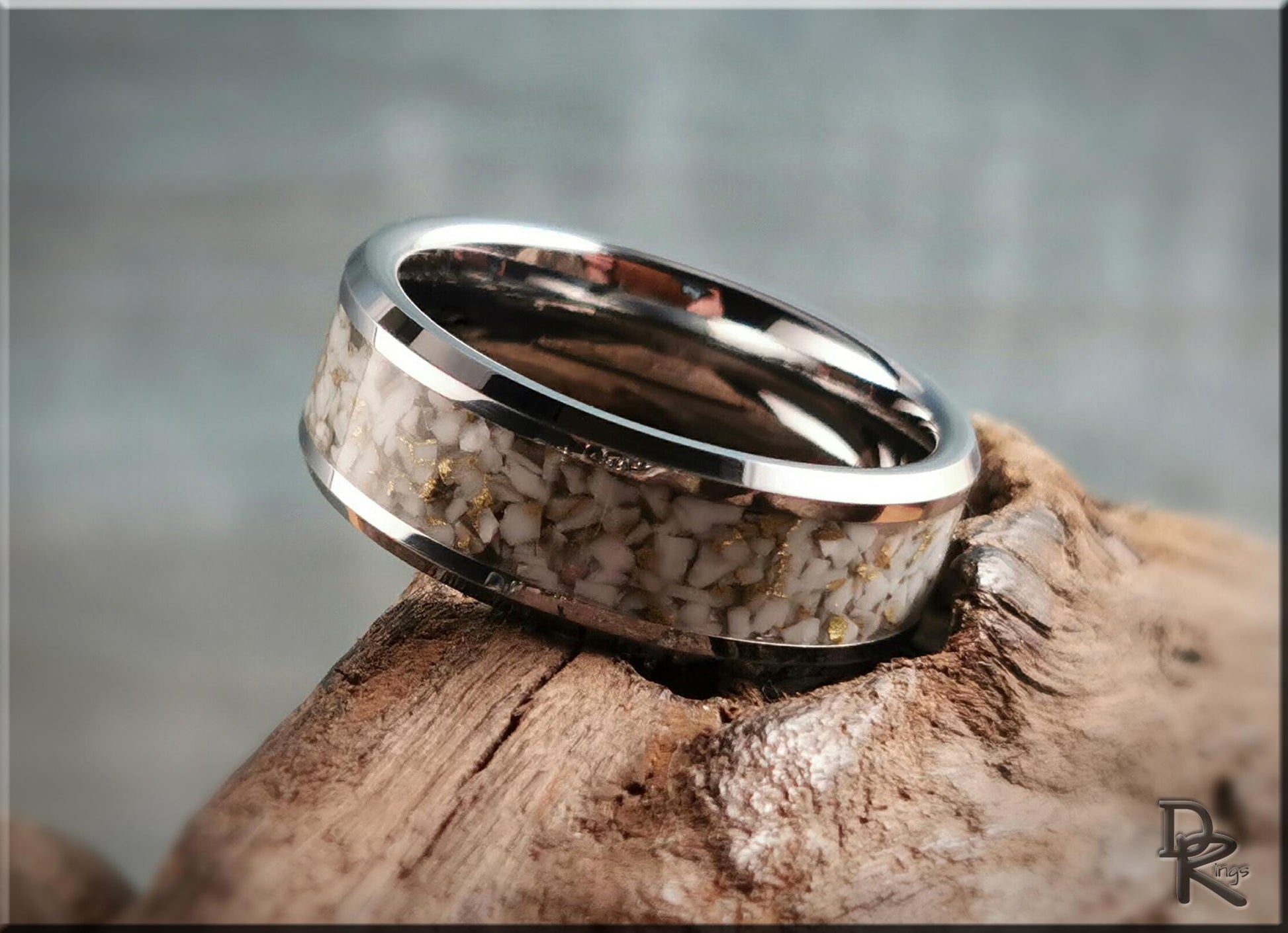 Tungsten Carbide Ring w/White and Gold TruStone inlay - 8mm metal ring