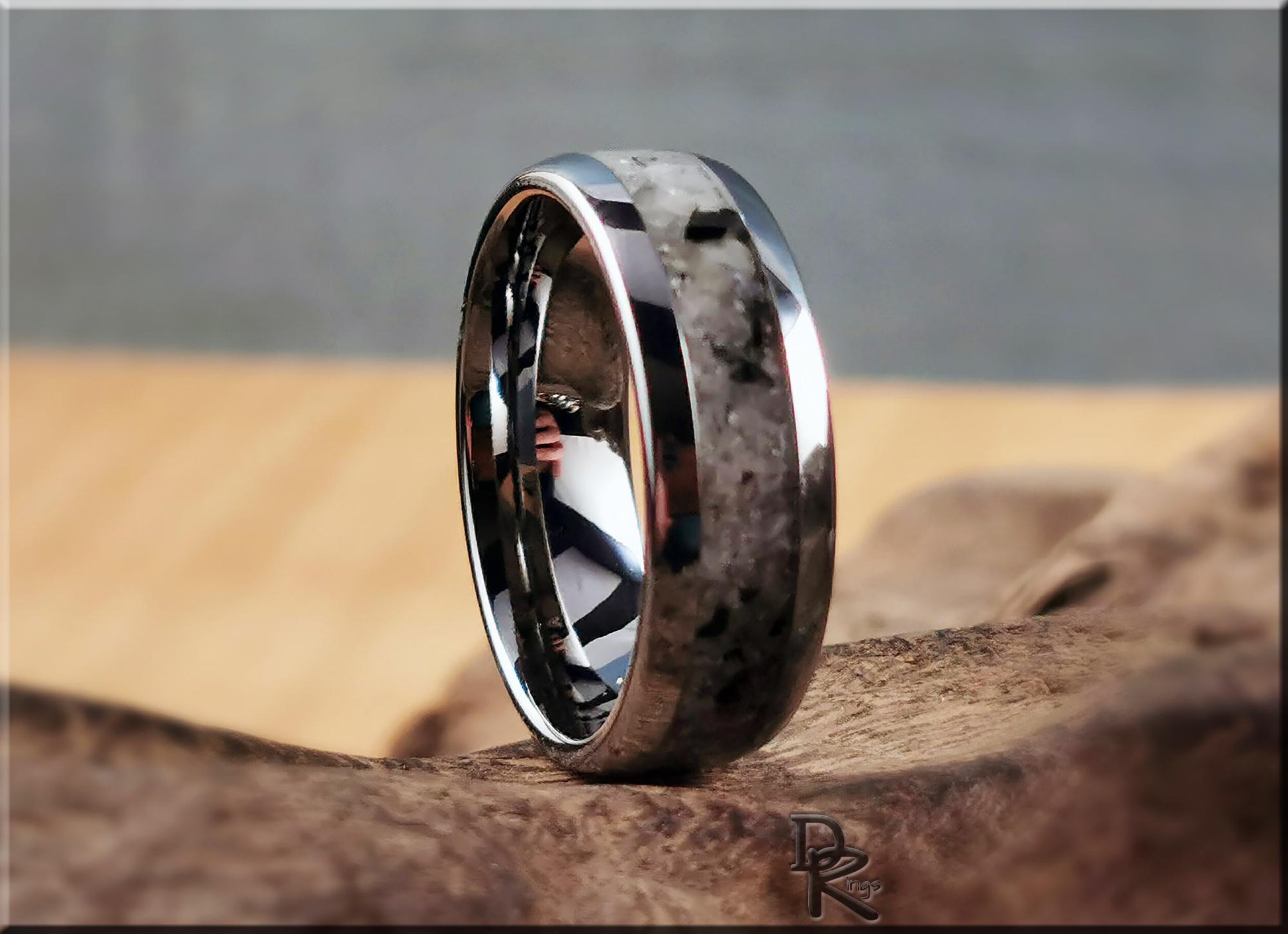 Domed Edge Tungsten Carbide Channel Ring w/Moonstone-Mica matrix stone inlay - metal ring