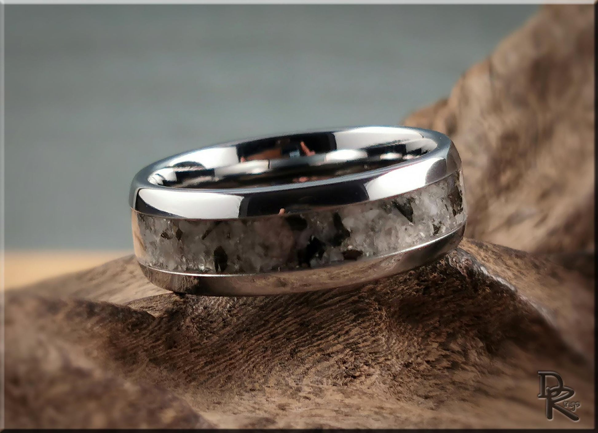 Domed Edge Tungsten Carbide Channel Ring w/Moonstone-Mica matrix stone inlay - metal ring