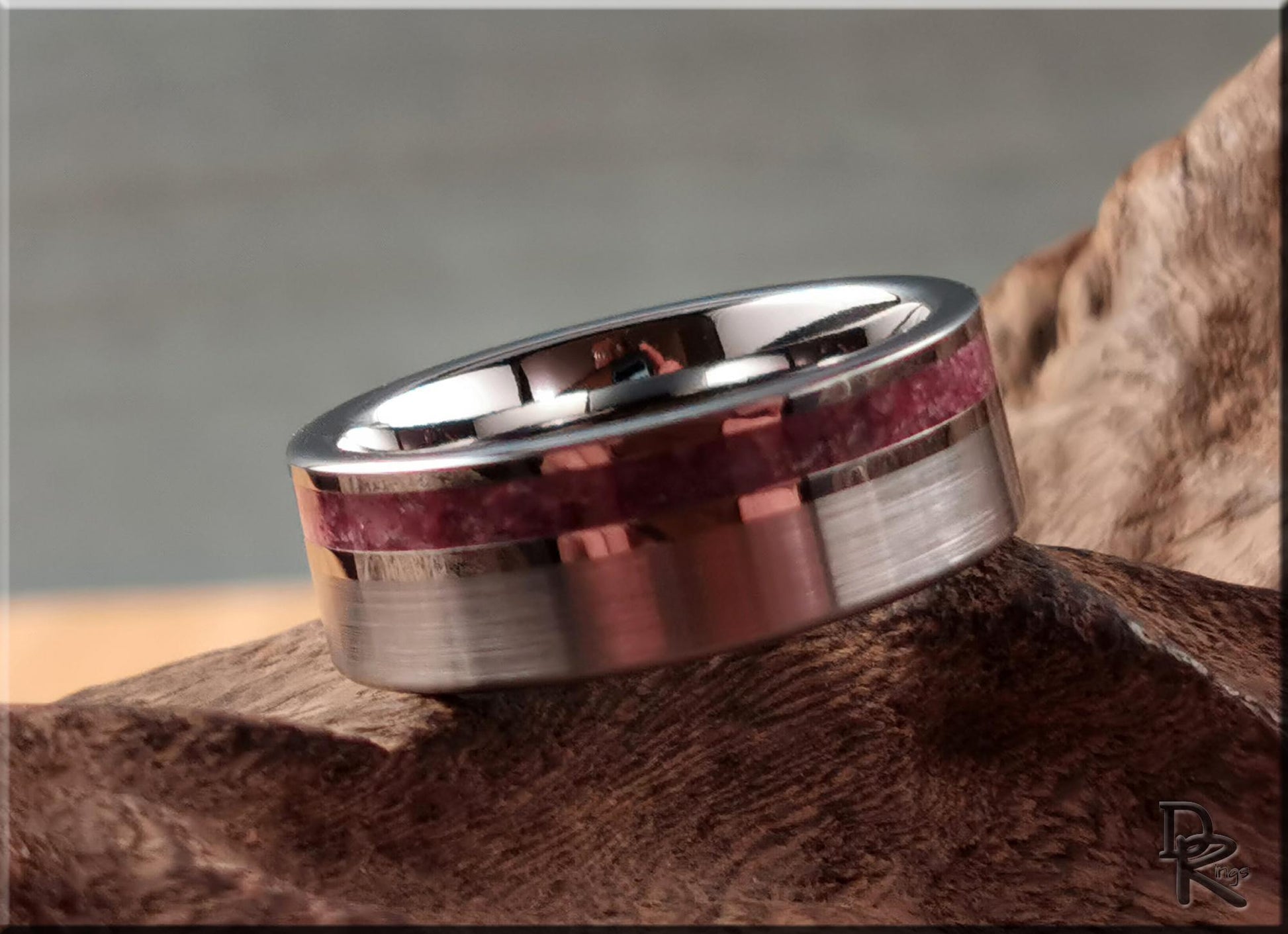 Tungsten Carbide Channel Ring w/offset Mozambique Ruby Stone inlay - metal ring