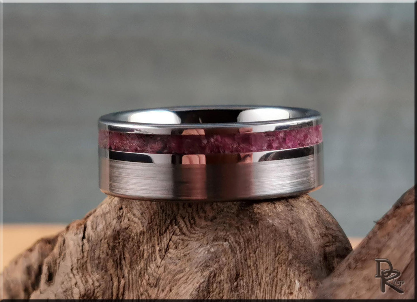 Tungsten Carbide Channel Ring w/offset Mozambique Ruby Stone inlay - metal ring