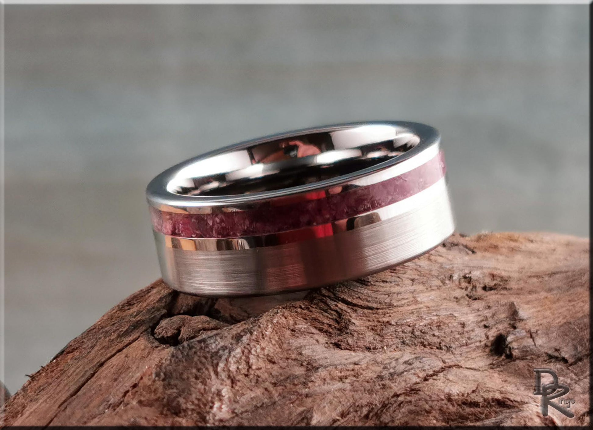 Tungsten Carbide Channel Ring w/offset Mozambique Ruby Stone inlay - metal ring