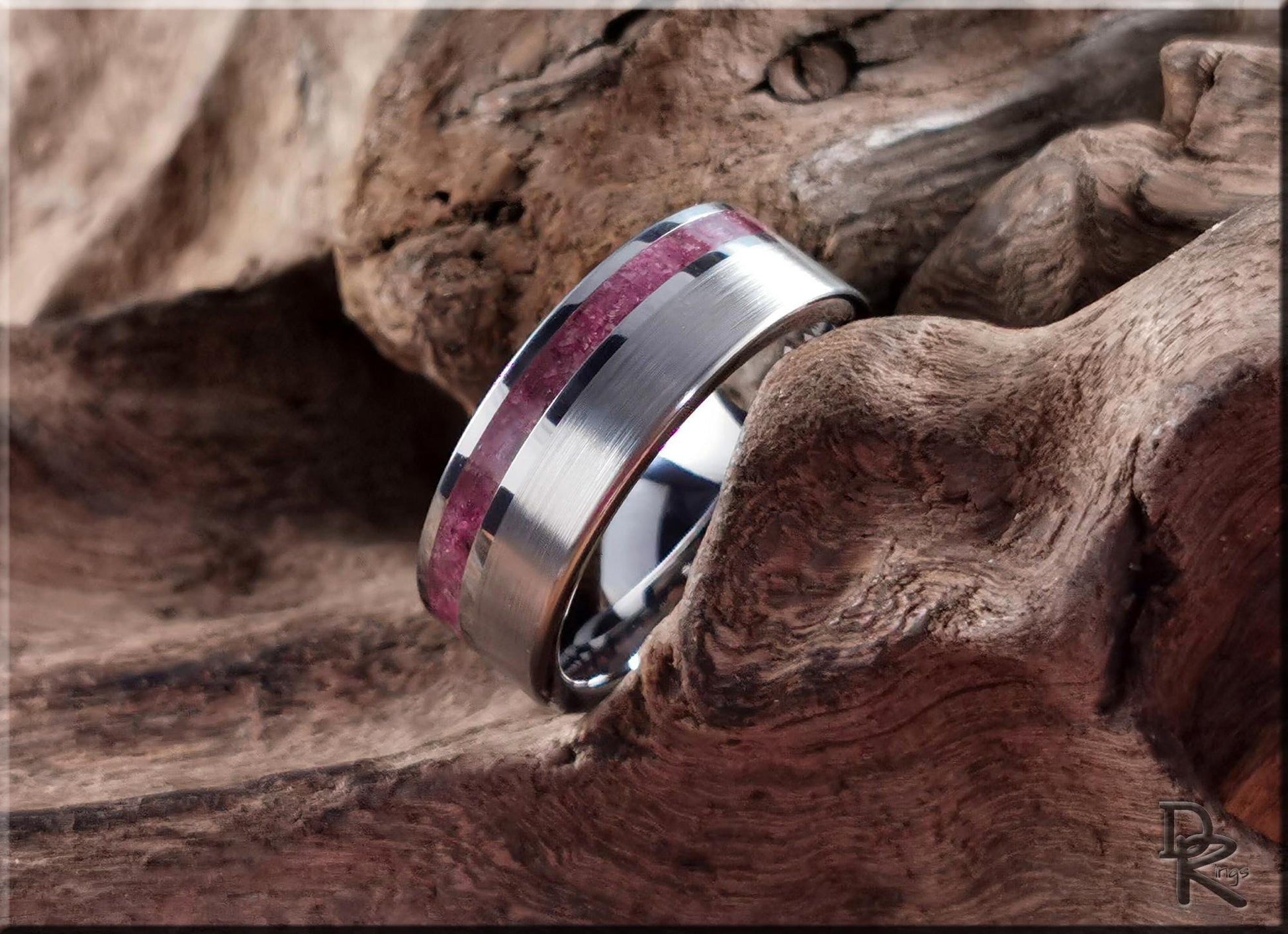 Tungsten Carbide Channel Ring w/offset Mozambique Ruby Stone inlay - metal ring