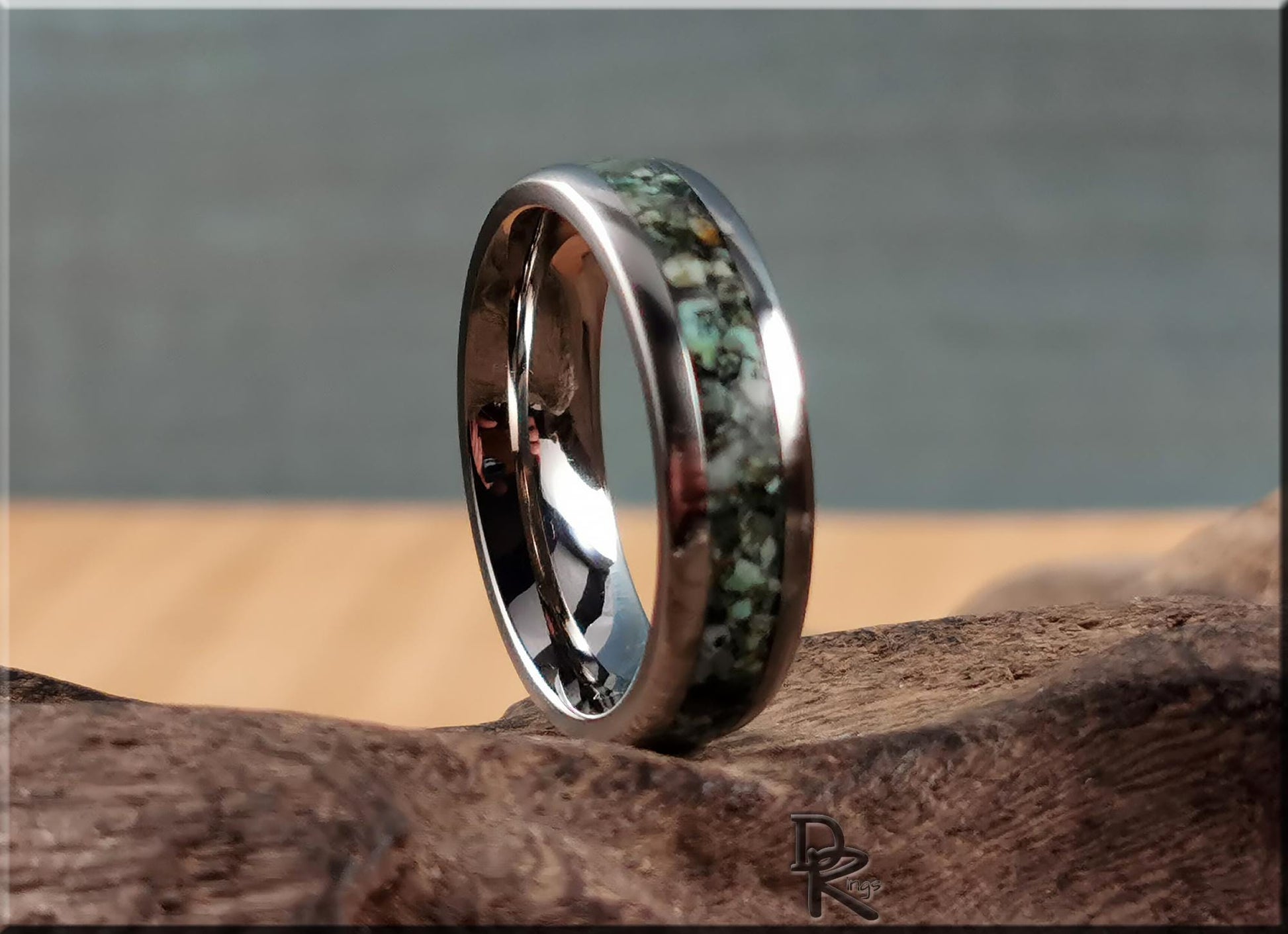 Domed Edge Tungsten Carbide Channel Ring w/African Turquoise inlay - metal ring